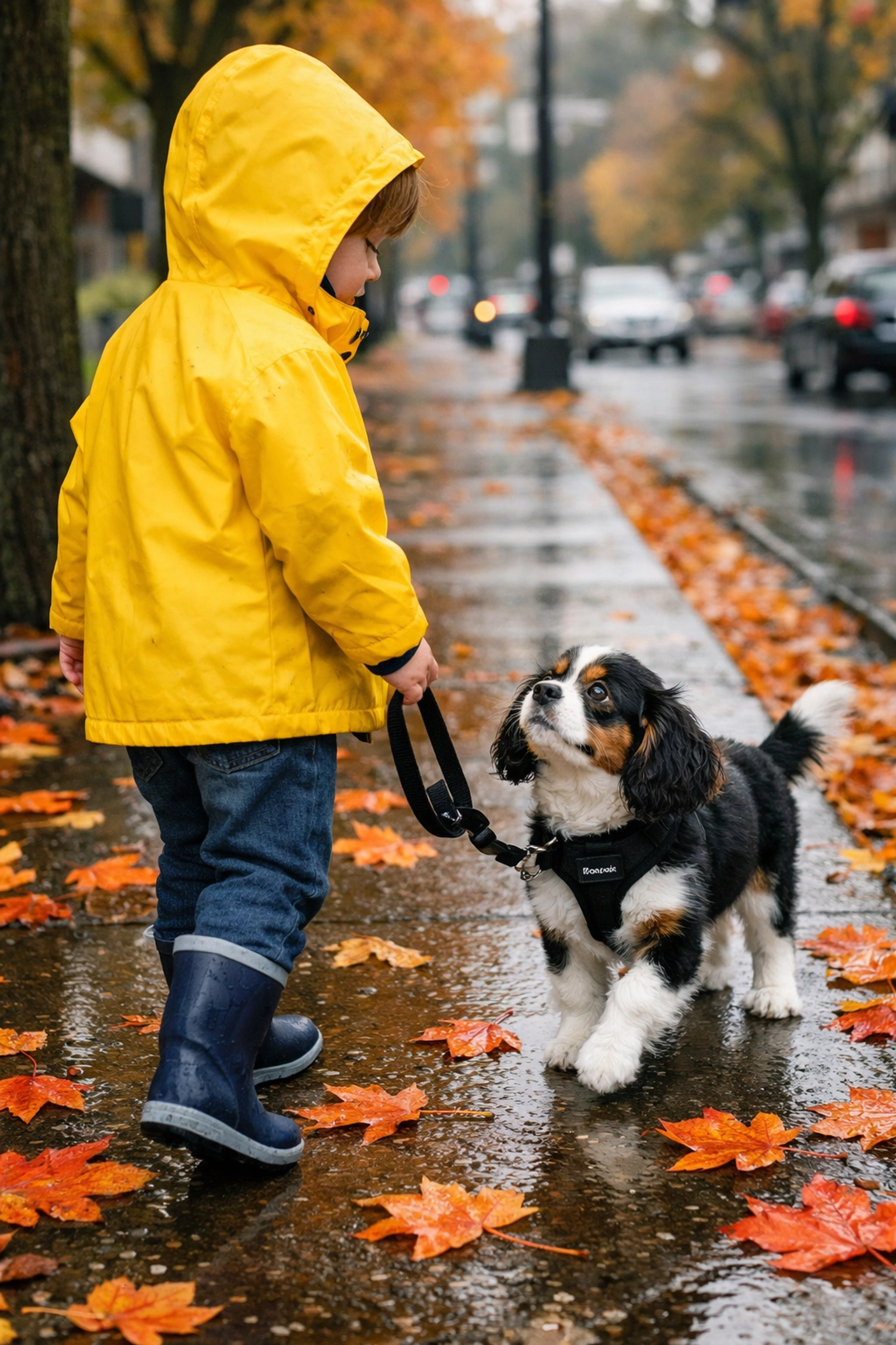 Socialized therapy-quality Cavalier King Charles Spaniel puppy walking with a child in a Portland, OR park.