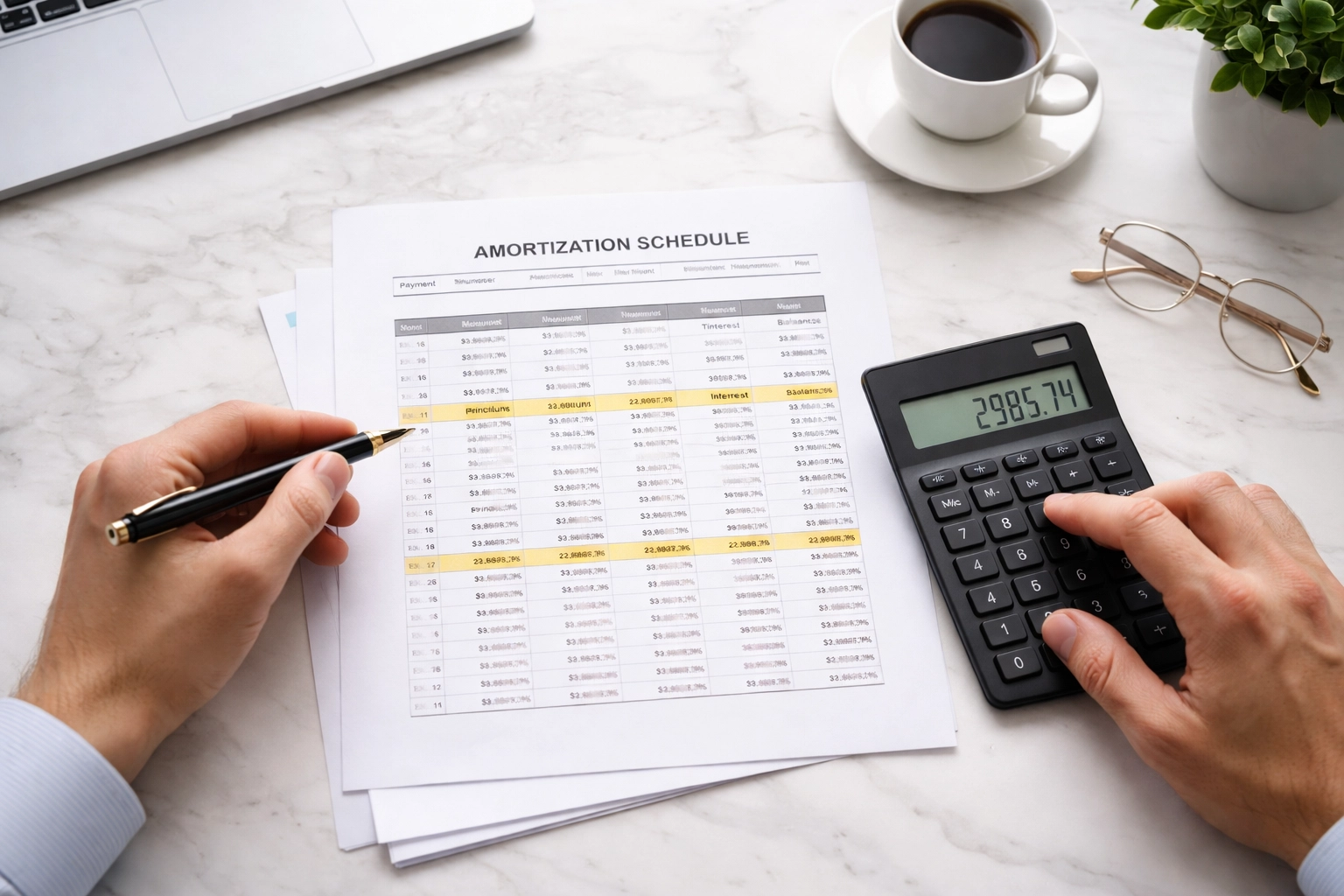 Hands comparing loan payments and amortization schedule to evaluate a rate buydown—underwriting-ready planning for deals found with a real estate deal finder