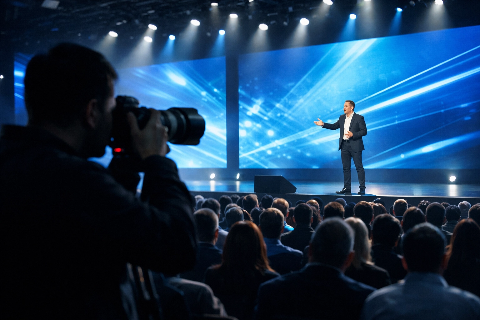 Conference photographer documenting a keynote speaker at a major Los Angeles business event.