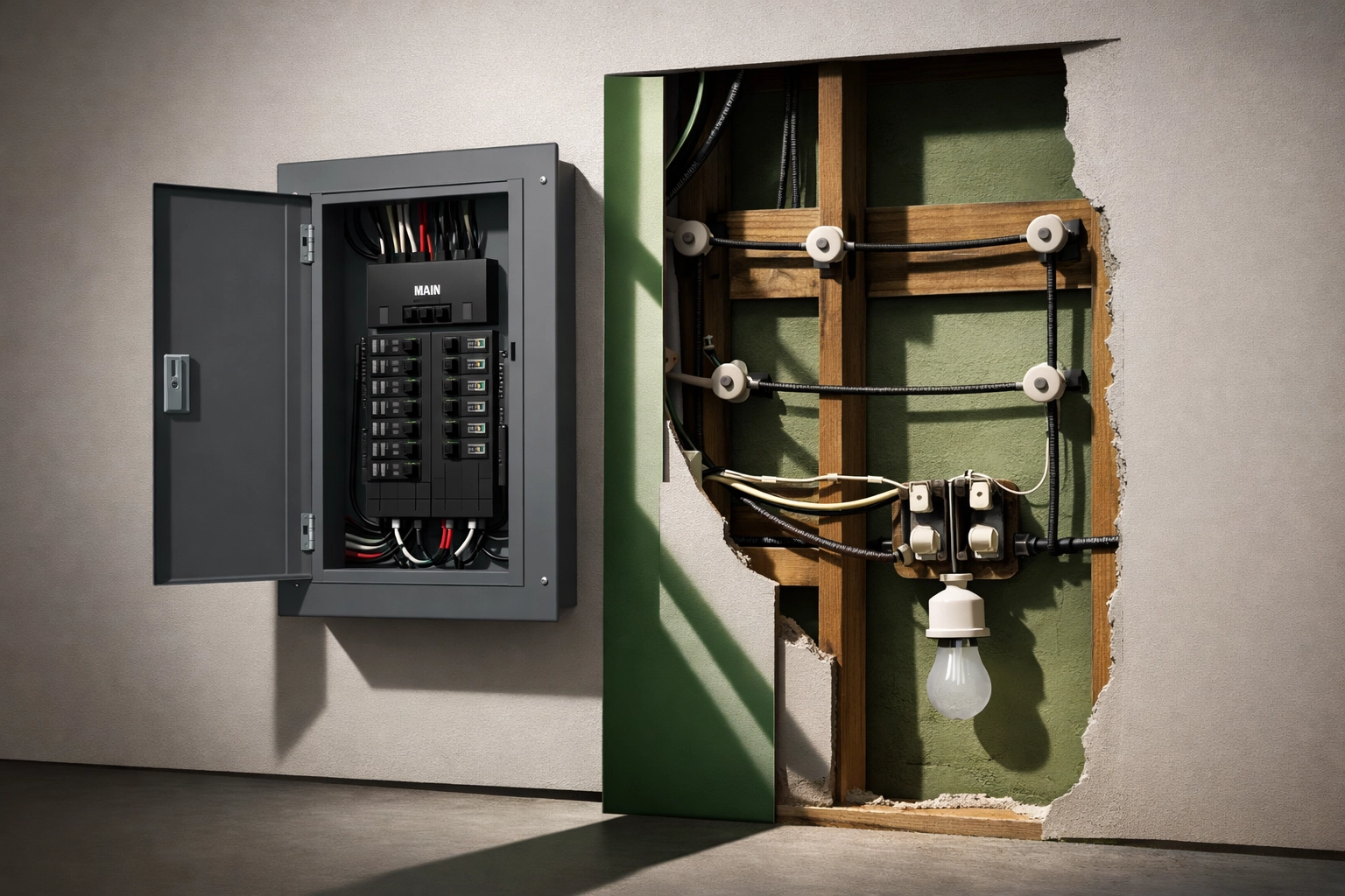 Exposed knob-and-tube wiring behind electrical panel found during home inspection