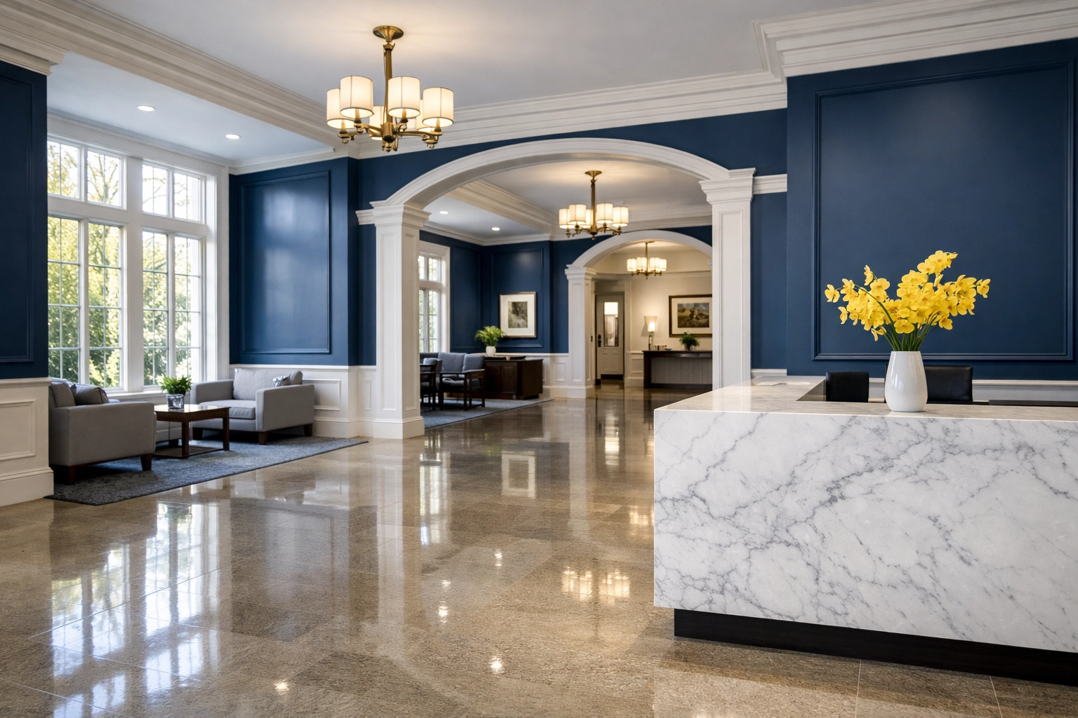 Clean and polished corporate lobby in Harvard, MA, reflecting professional commercial cleaning services.