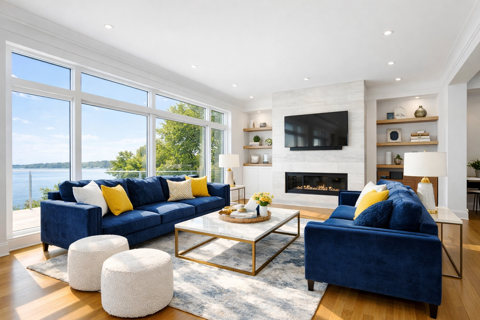 Spotless modern living room after professional post construction cleaning Milford showing dust-free surfaces and floors.