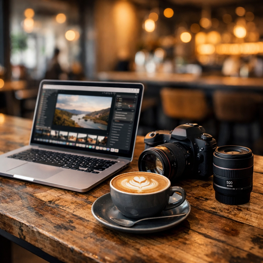 A travel photographer using the photography booking experience to manage freelance work in a modern cafe.