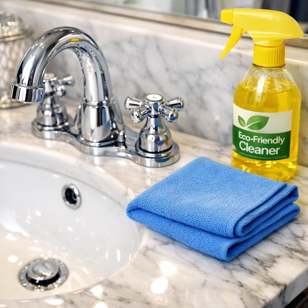 Sanitized luxury bathroom sink and faucet prepared by move-in cleaning in Framingham.