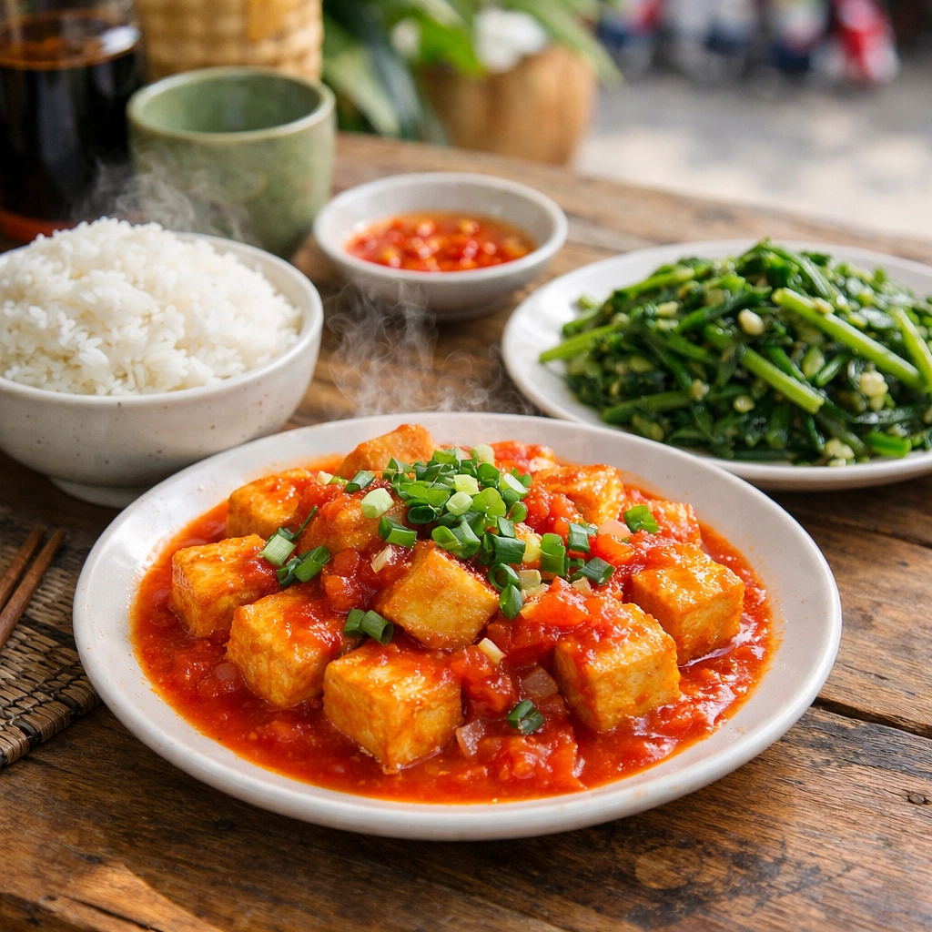Delicious vegetarian fried tofu in tomato sauce with rice, showcasing healthy cheap eats in Hanoi.