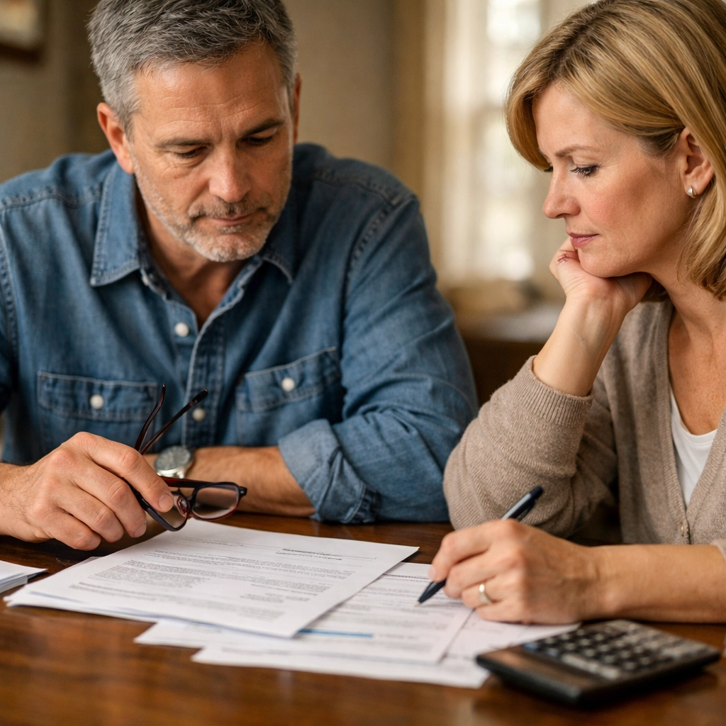 Couple reviewing financial documents during Virginia spousal support divorce discussion