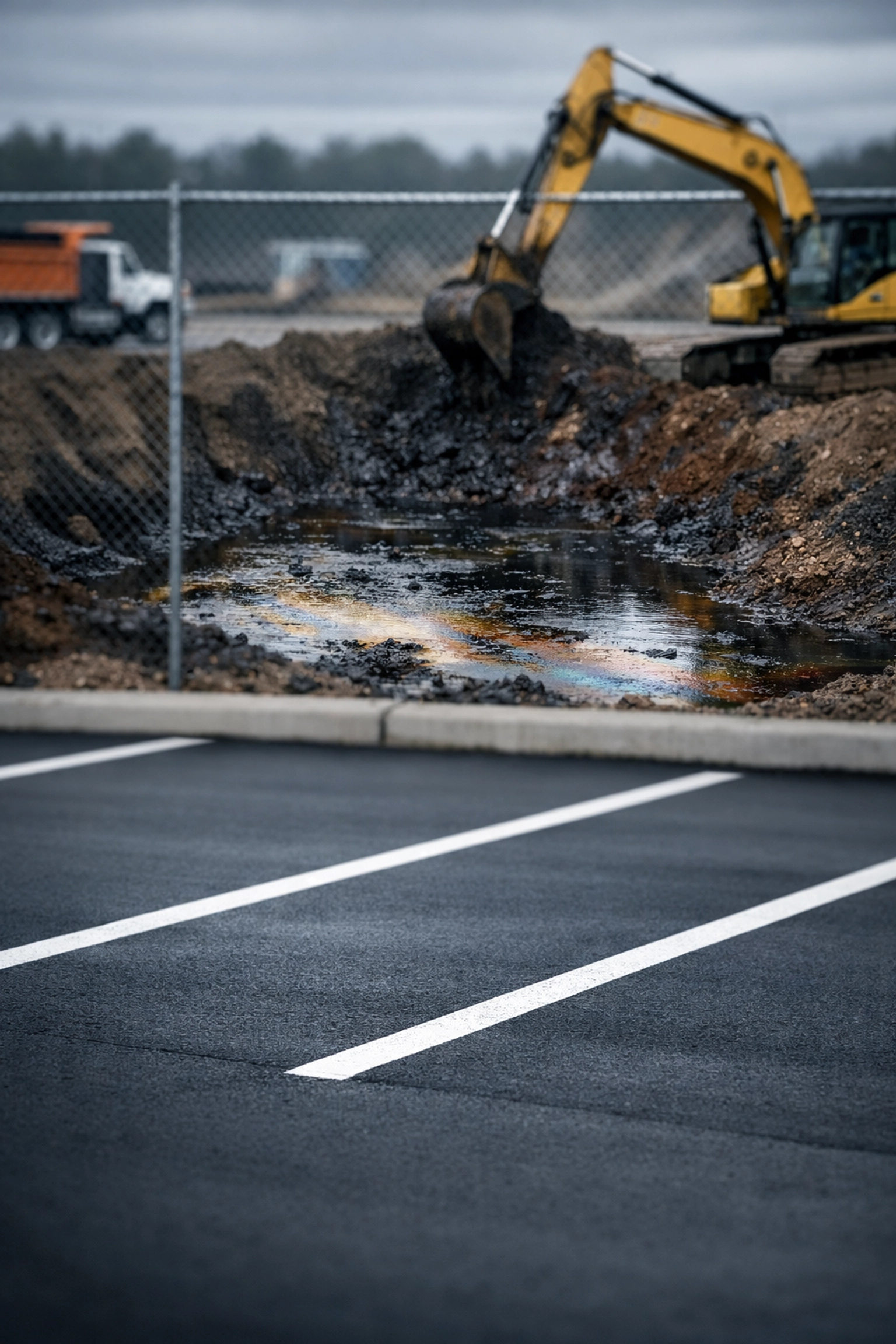 Excavation revealing petroleum-contaminated soil beneath clean parking lot during Phase I ESA investigation