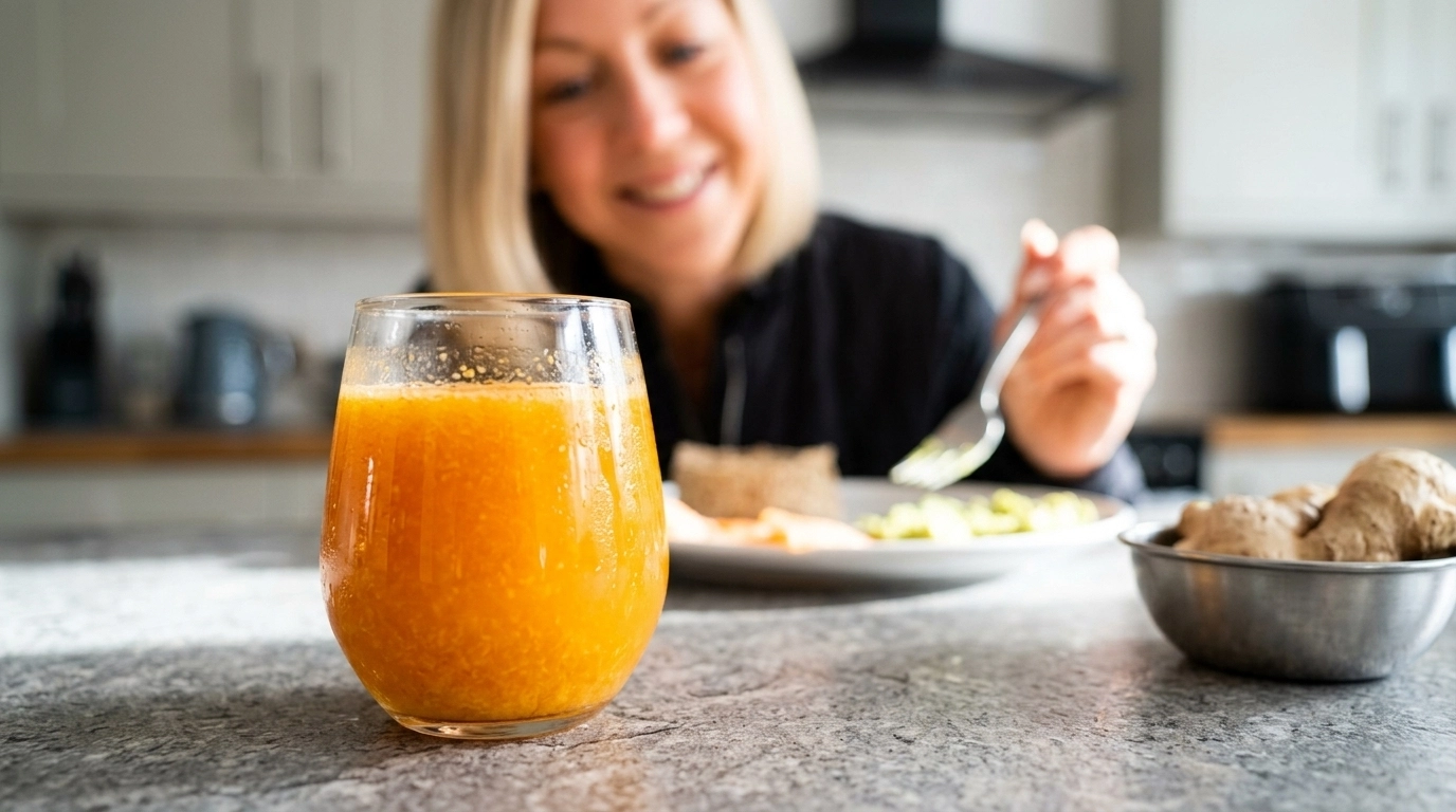 A vibrant glass of orange and ginger juice on a textured counter, symbolizing the vitality and skin support of Vitamin C.