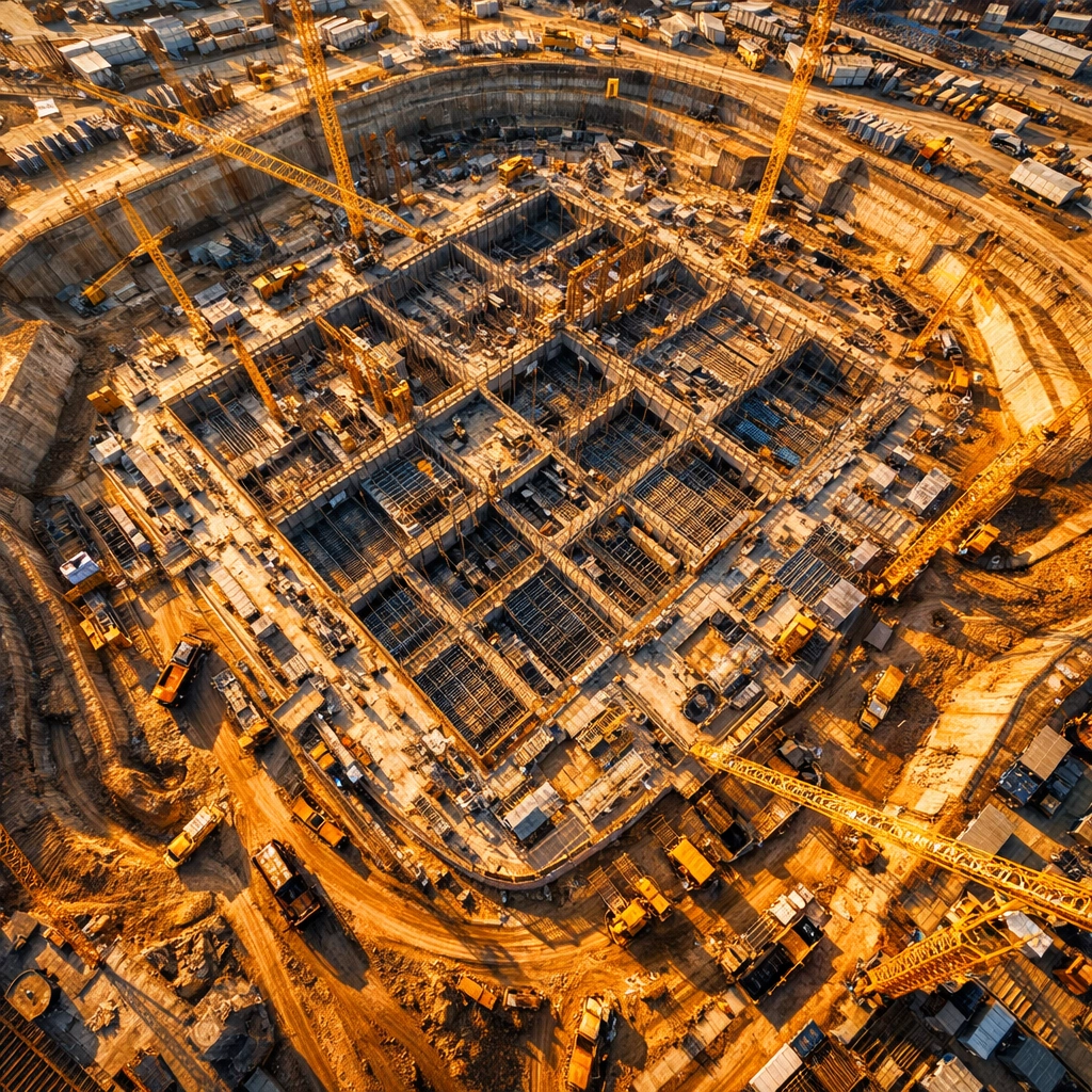 Wide aerial view of a large construction project site showcasing comprehensive site documentation and progress