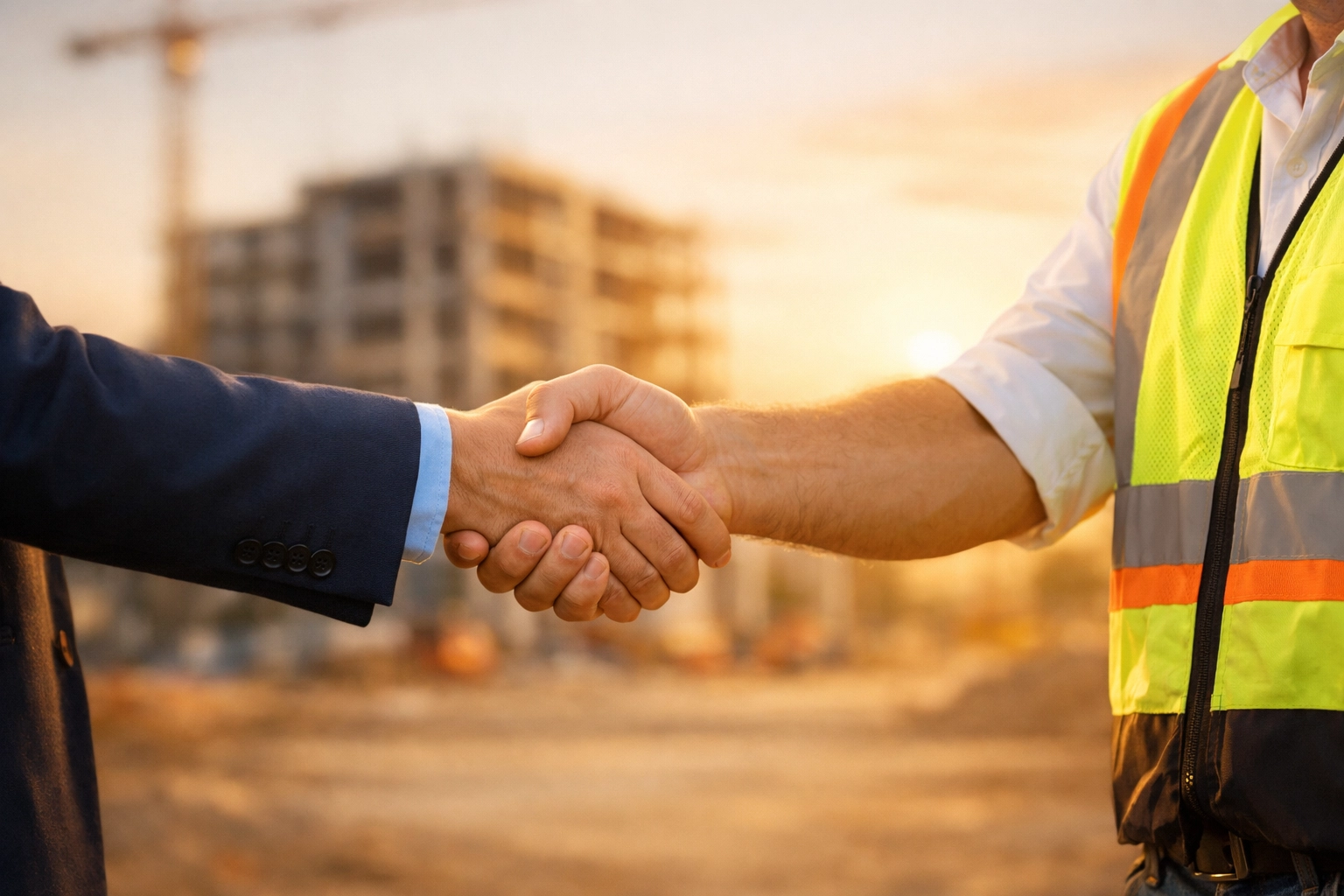 A contractor shaking hands with a funding expert for construction company financing.