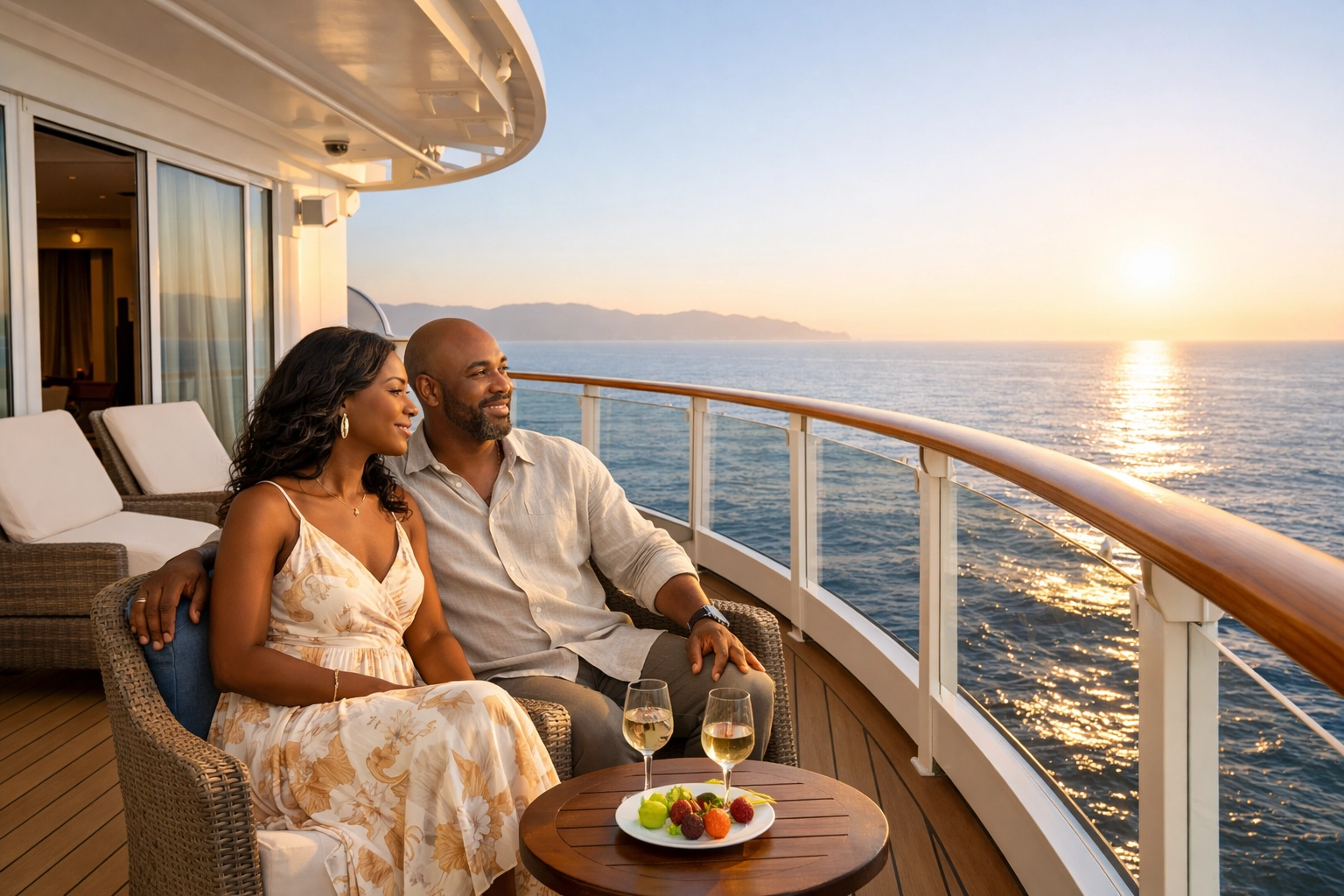 Elegant couple on a luxury cruise ship balcony at sunset, highlighting exclusive amenities and high-end travel experiences.