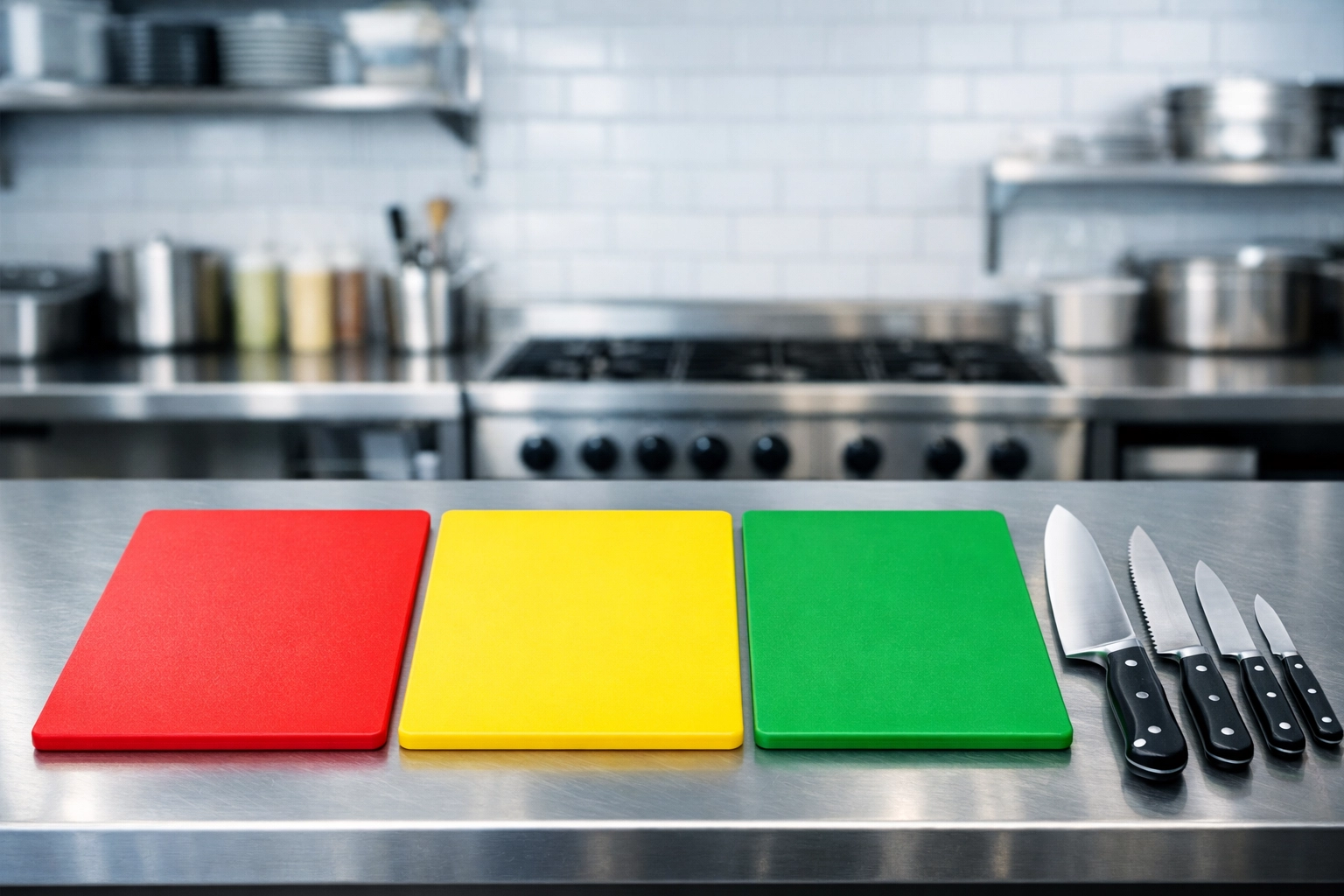 Color-coded cutting boards used in a commercial kitchen to prevent cross-contamination and food safety risks.