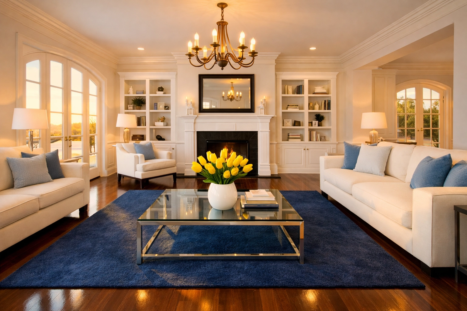 A spotless luxury living room after expert residential cleaning Massachusetts in a Dover estate.