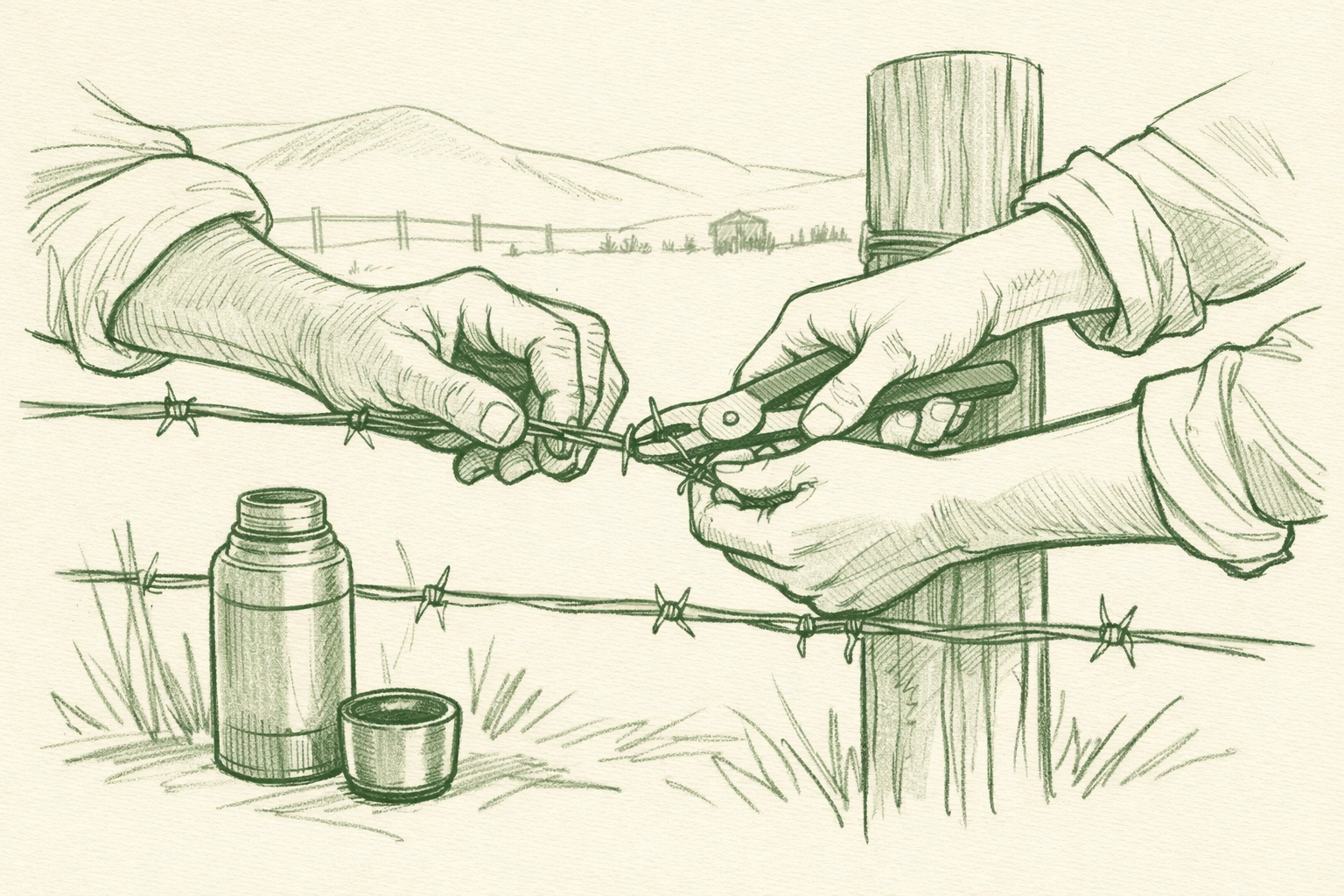Two men's hands working together on ranch fence - MM romance depicting partnership and quiet devotion