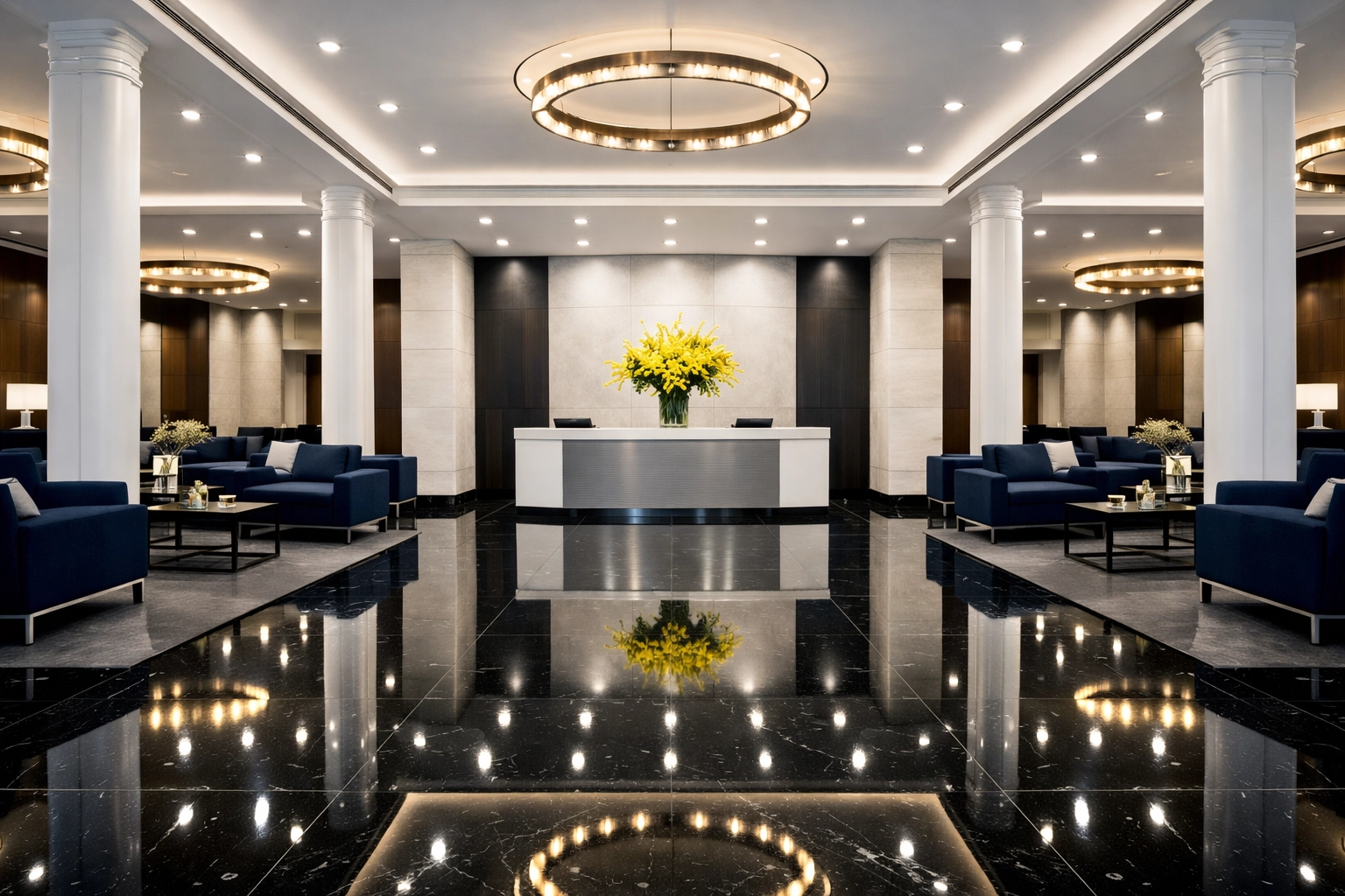 Polished luxury commercial lobby showcasing professional janitorial services Massachusetts standards.