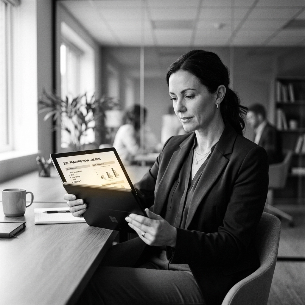 A professional HR manager reviewing a health and safety training plan