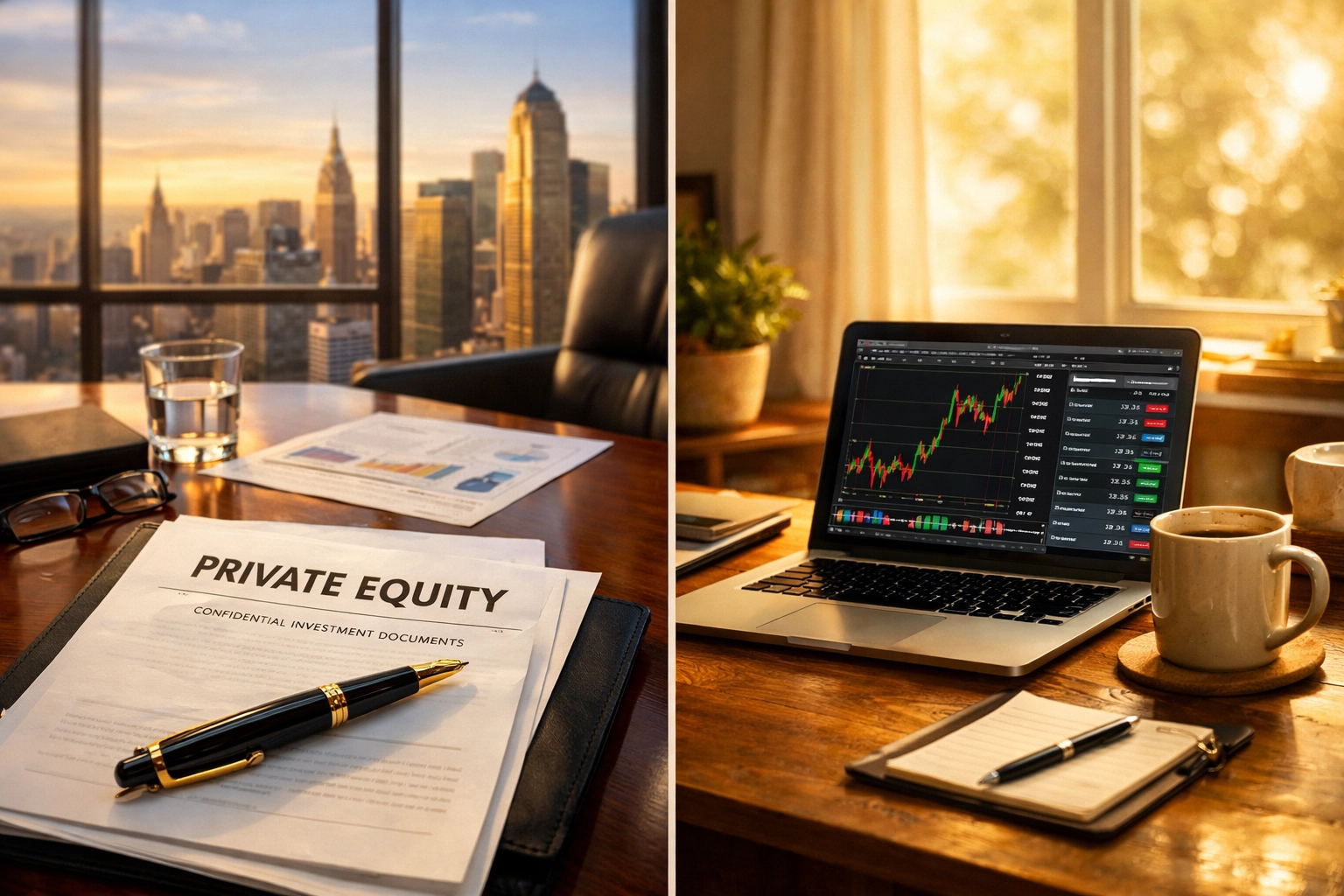 Comparison of accredited investor office and retail investor workspace showing different investment approaches