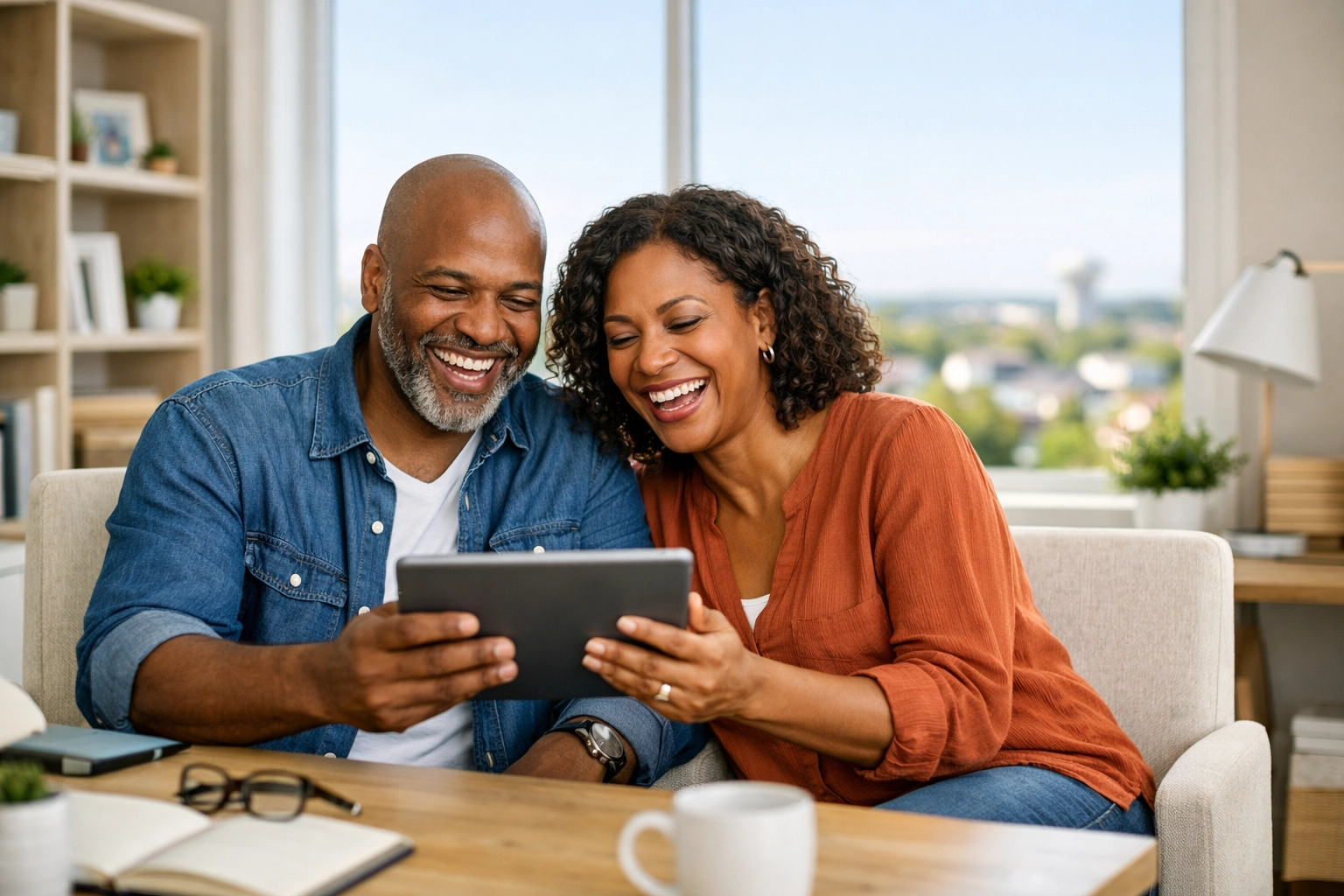 Relaxed couple in Omaha using a cruise travel agent to plan a stress-free luxury vacation.