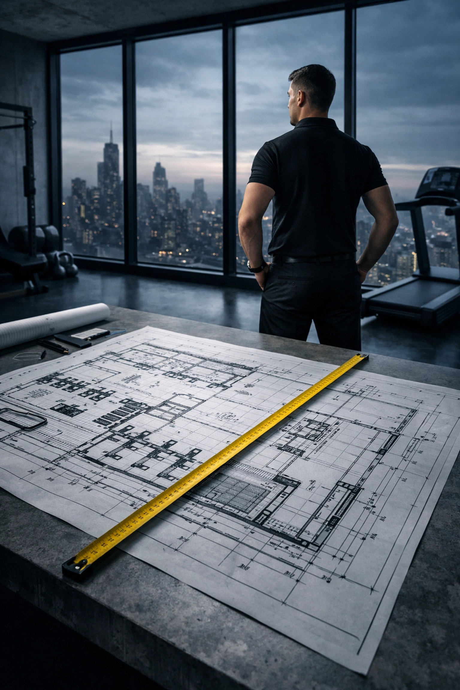 A professional fitness business architect reviewing a growth blueprint in a high-end gym studio.