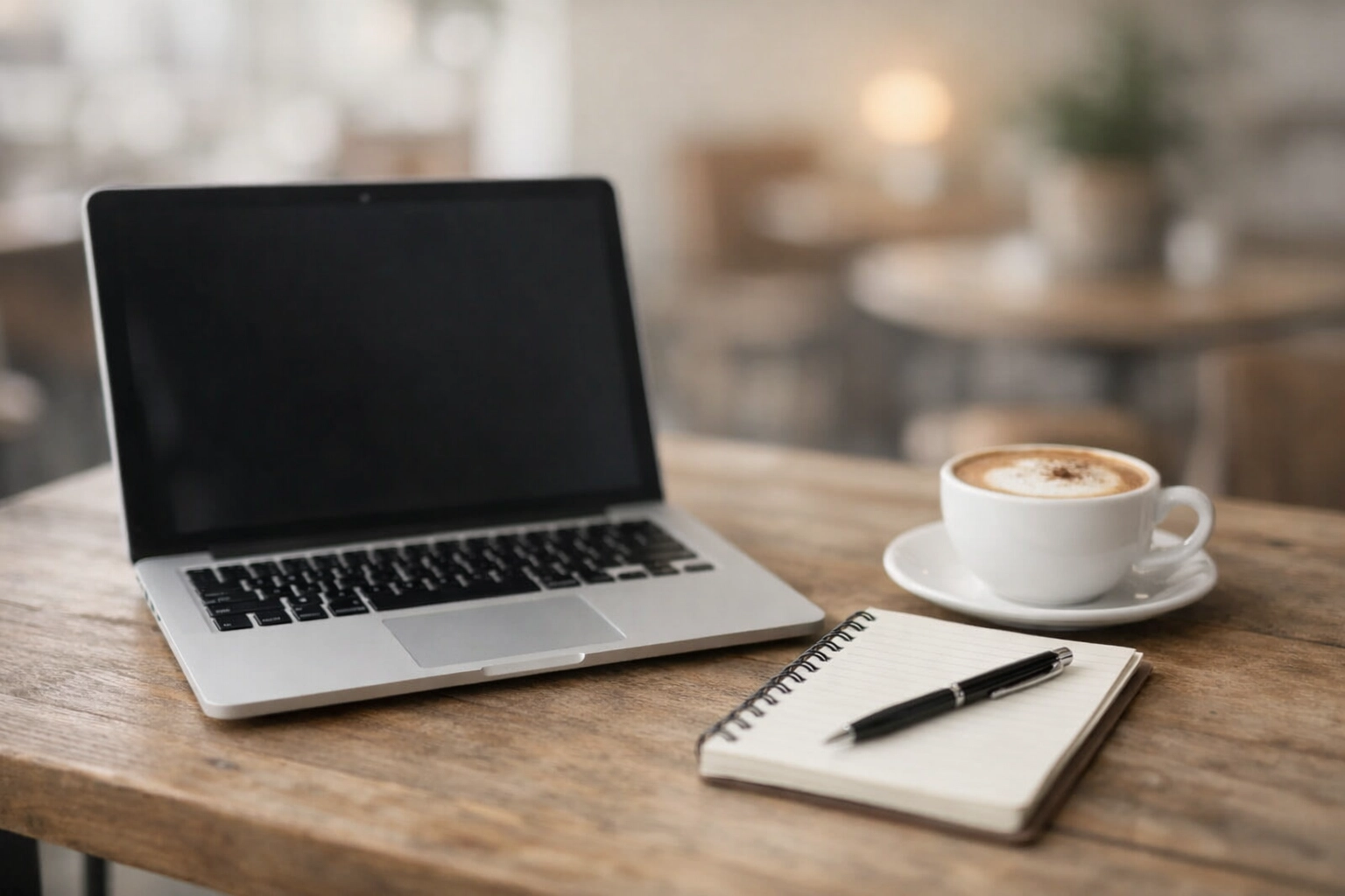Faceless editorial flat lay of a laptop, camera gear, planner, and coffee in soft neutral tones for personal branding photography in Pittsburgh.