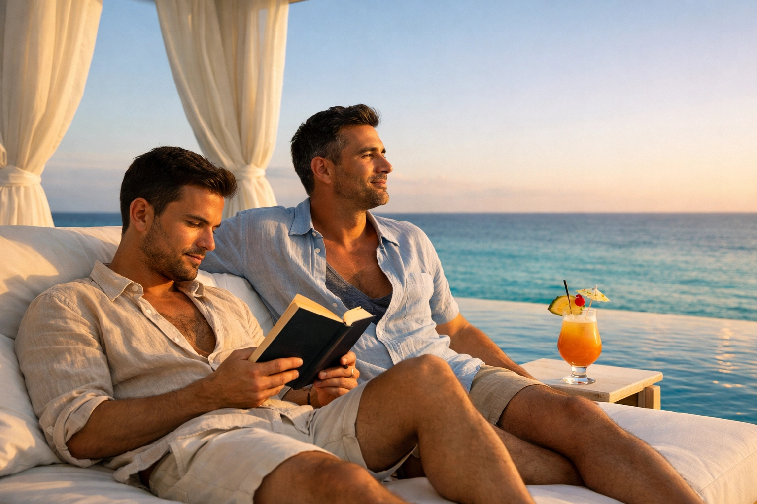 Gay men enjoying a luxury poolside cabana at an LGBTQ+ friendly resort during sunset, perfect for reading MM romance.