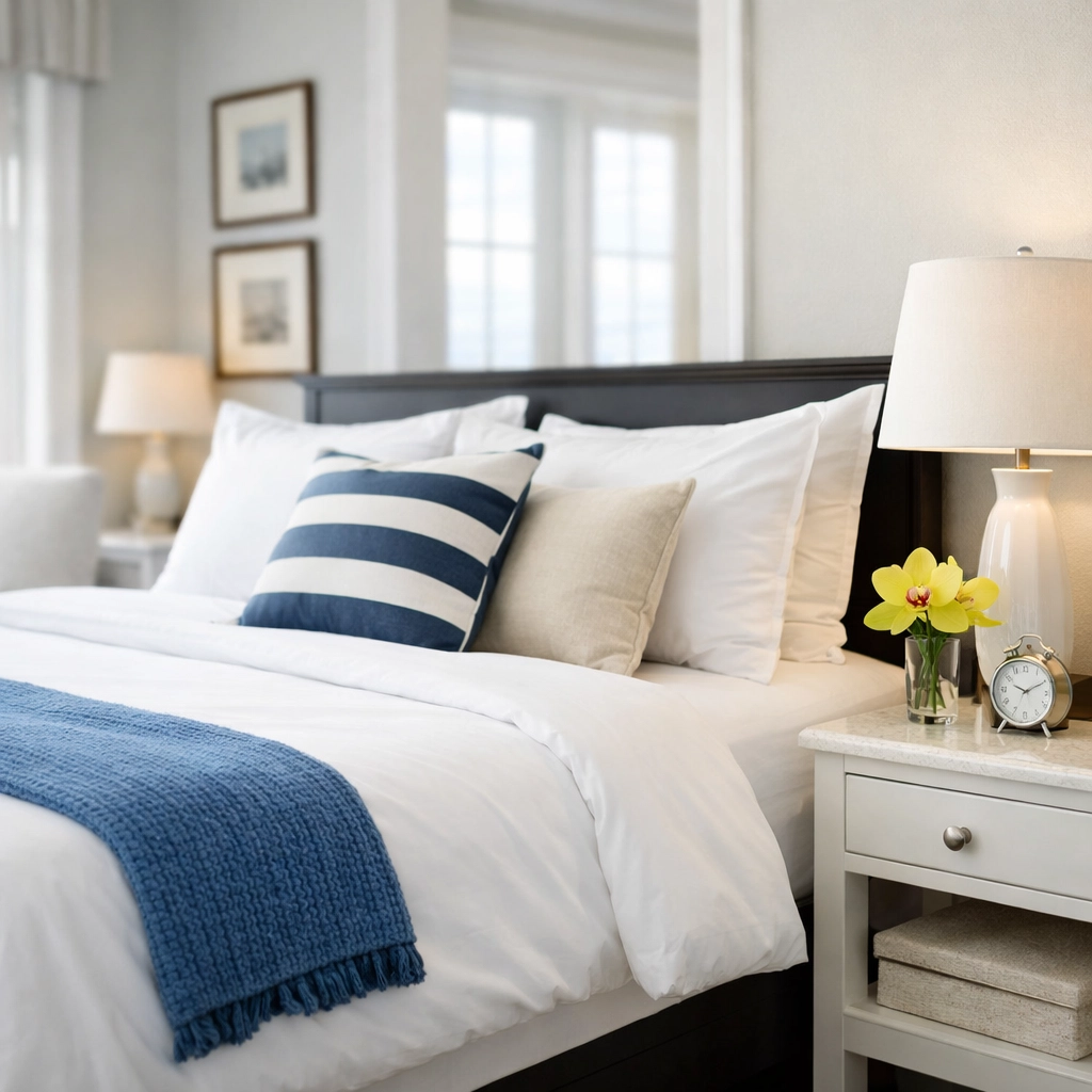 Luxury Cape Cod bedroom suite following a professional bi weekly house cleaning ser to prepare for guests.