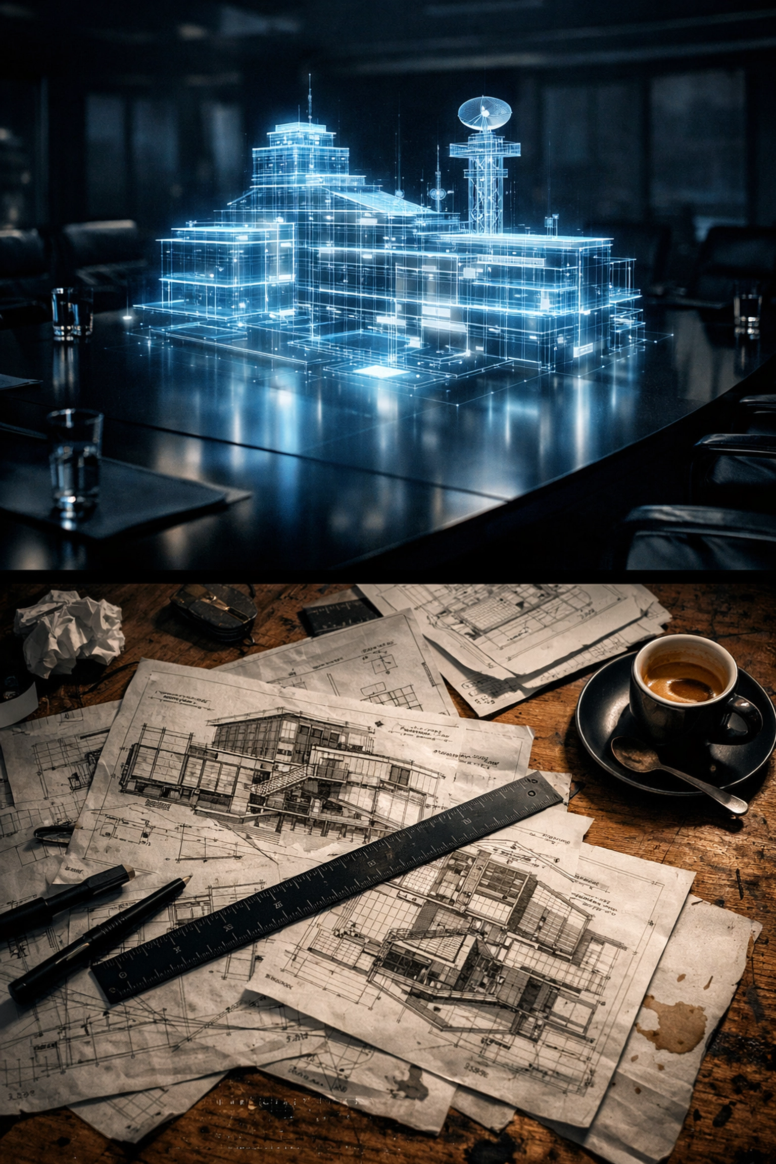 Split screen showing a corporate brand strategy blueprint and a designer's tactical workbench for execution.