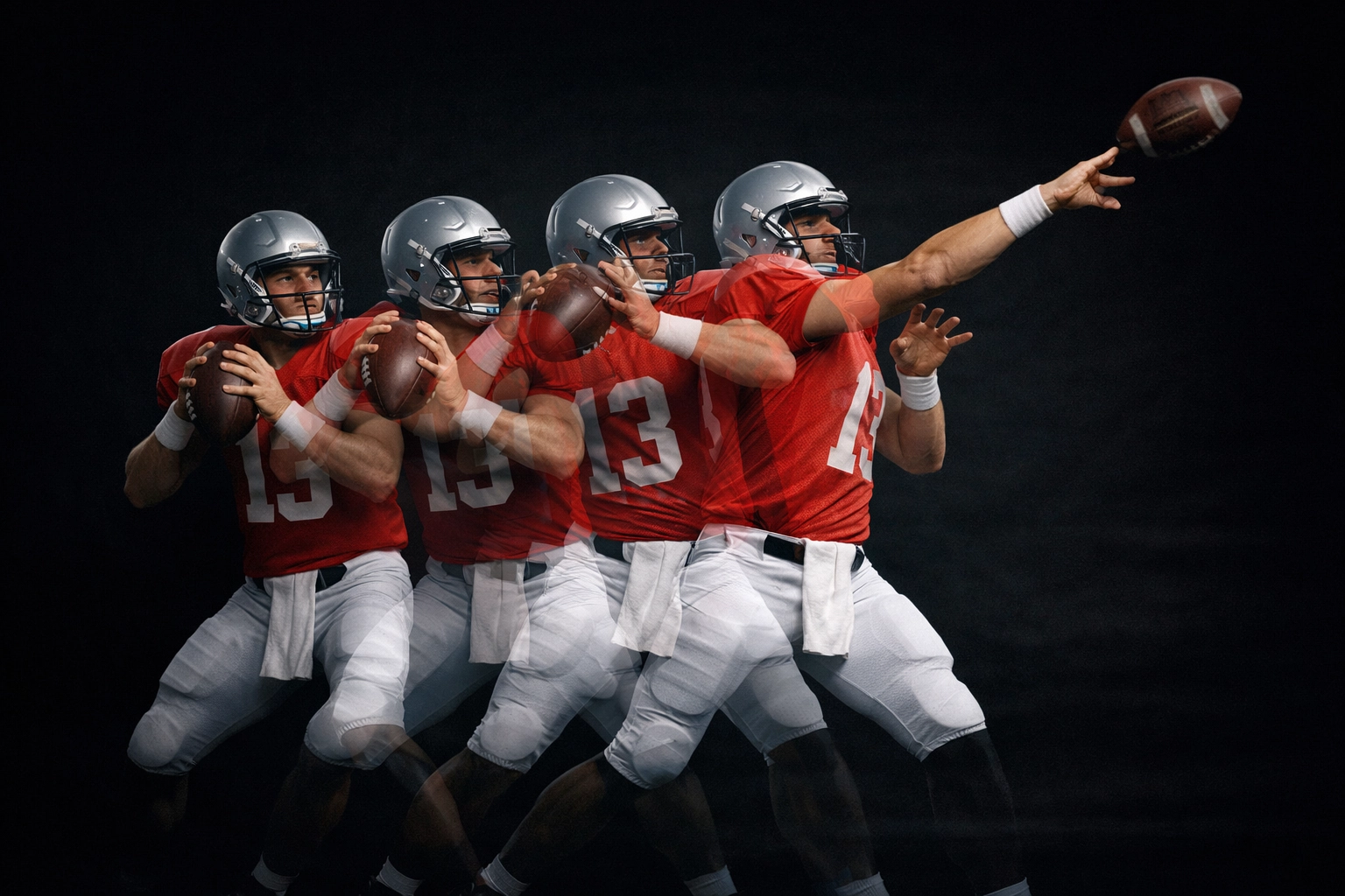 Professional football throwing mechanics sequence demonstrating proper quarterback form and release.