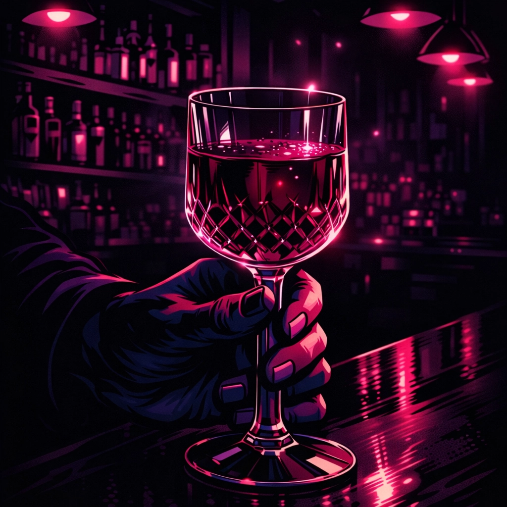Hand holding a magenta wine glass representing rewards at our Fort Lauderdale wine bar