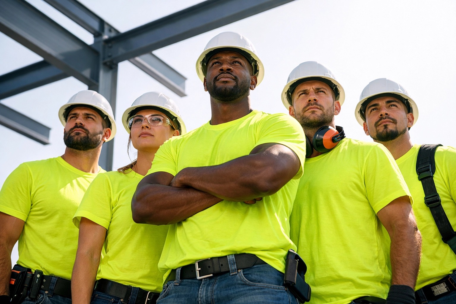 Professional construction crew wearing matching neon yellow bulk custom t-shirts on a modern jobsite.