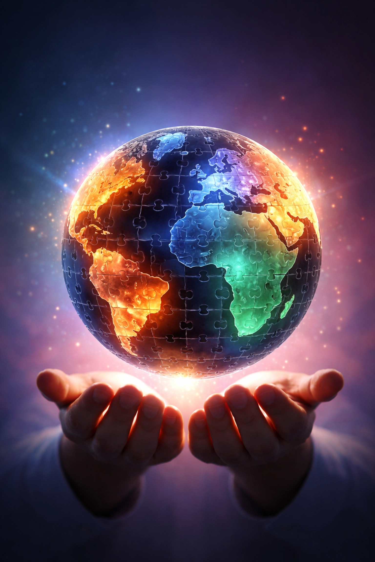 A glowing puzzle-piece globe held in hands represents global portfolio diversification and international investment opportunities.