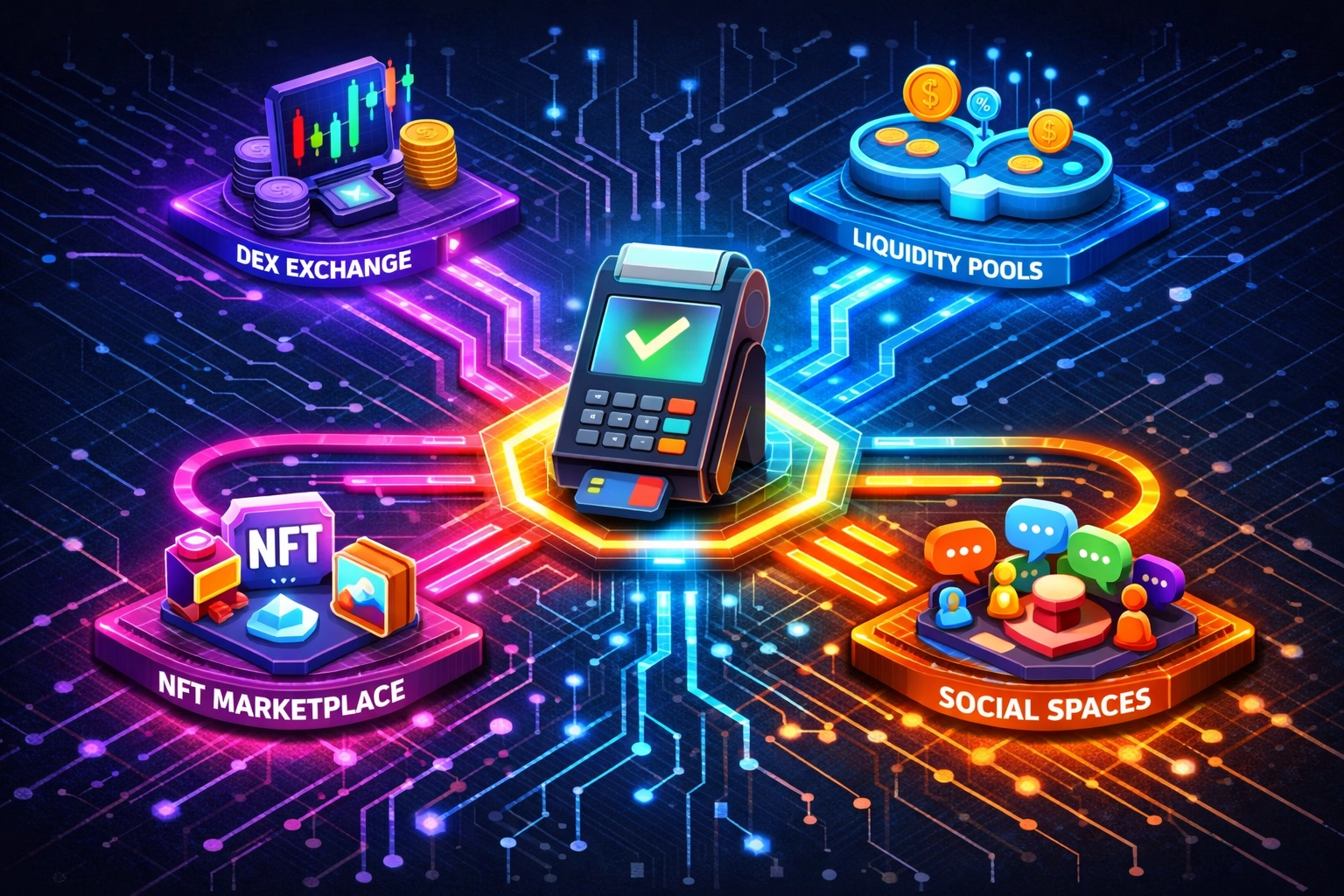 Larecoin Web3 payment ecosystem with DEX, liquidity pools, NFT marketplace, and connected services