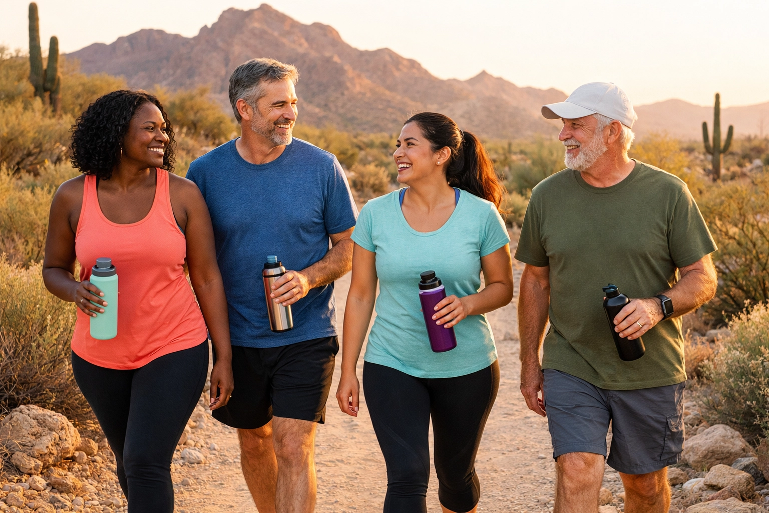 Group walking on Arizona desert trail as part of medical weight loss lifestyle changes
