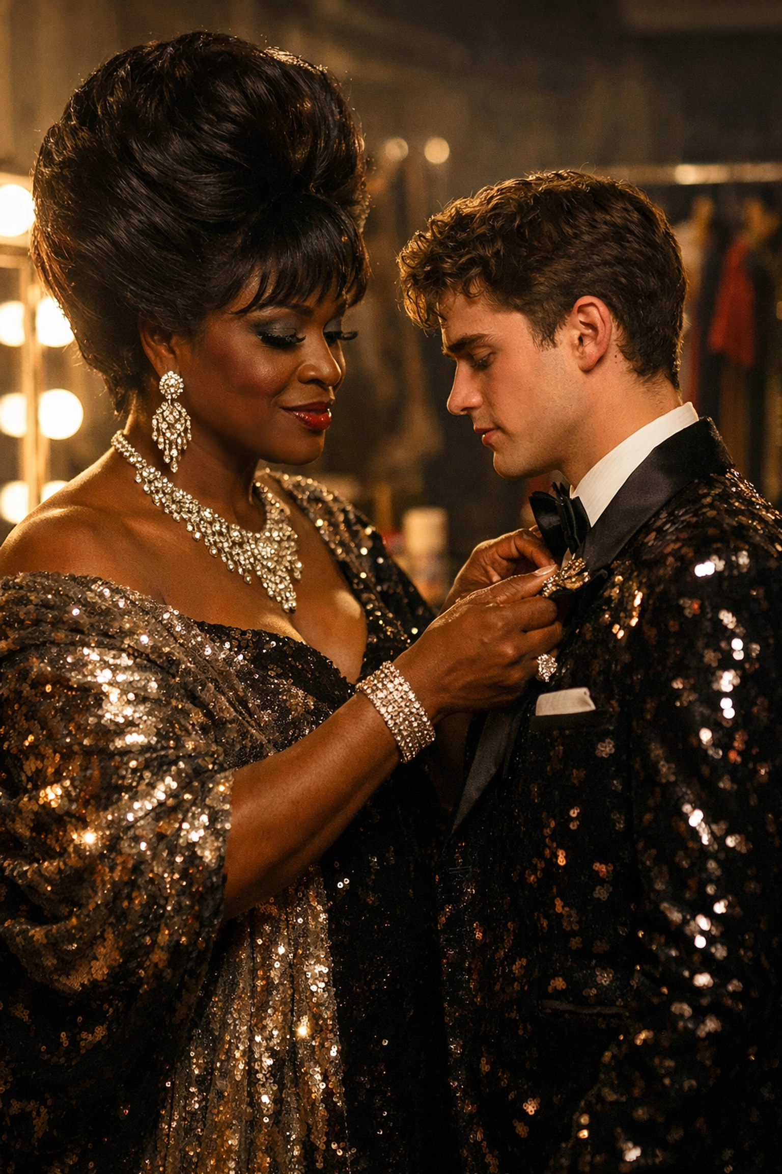 A Black House Mother tenderly adjusts a young gay man's bowtie in a 1980s ballroom dressing room.