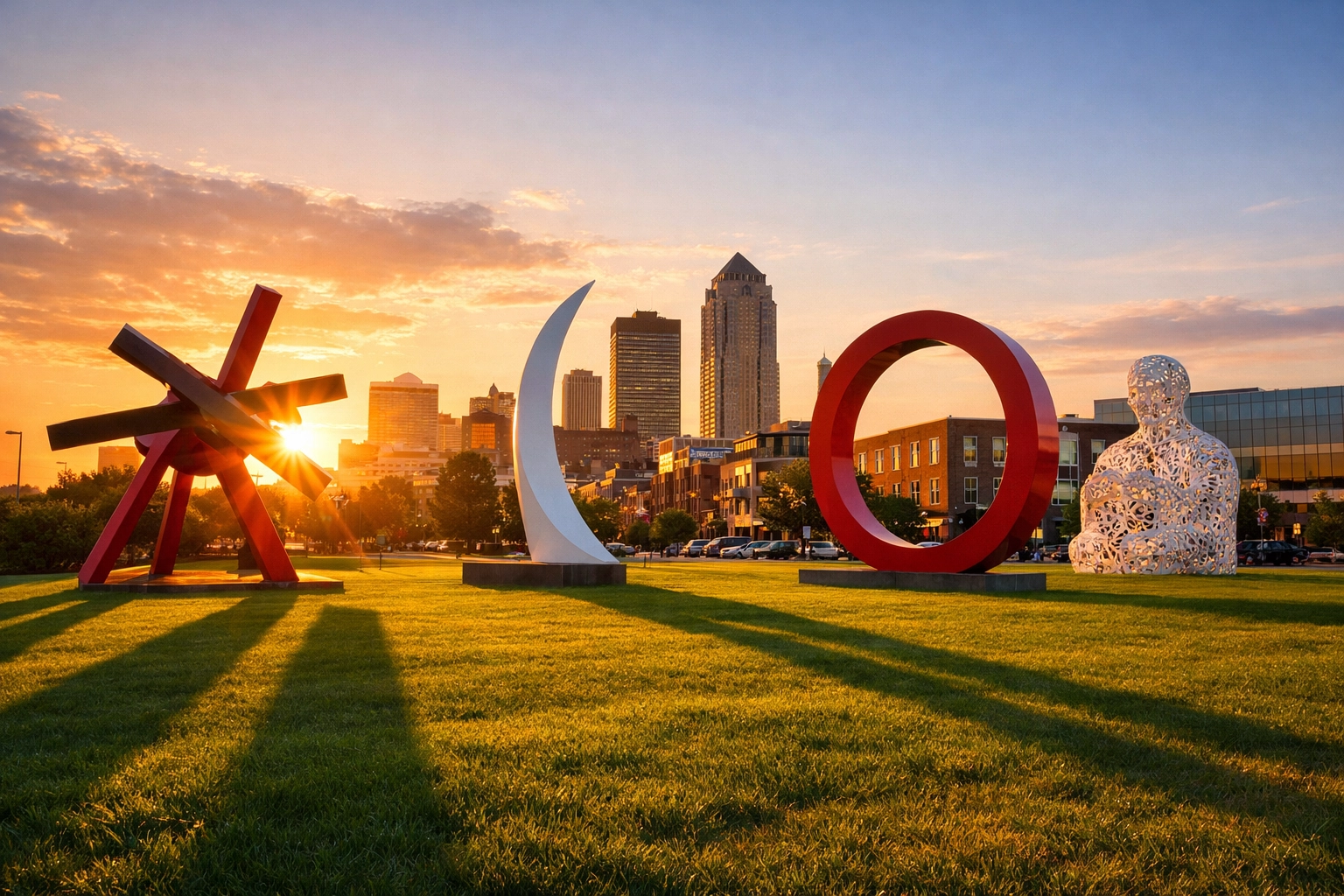 Sunset at Pappajohn Sculpture Park in downtown Des Moines, showcasing local travel highlights.