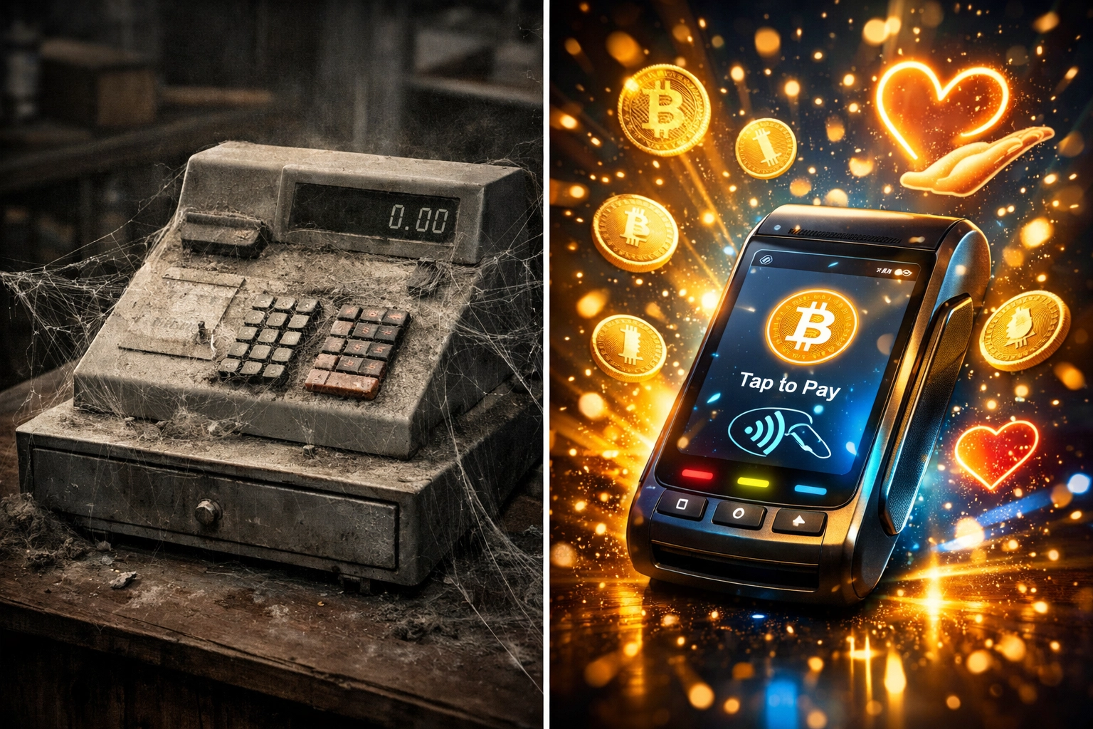 Traditional cash register compared to Larecoin crypto payment system with charity features