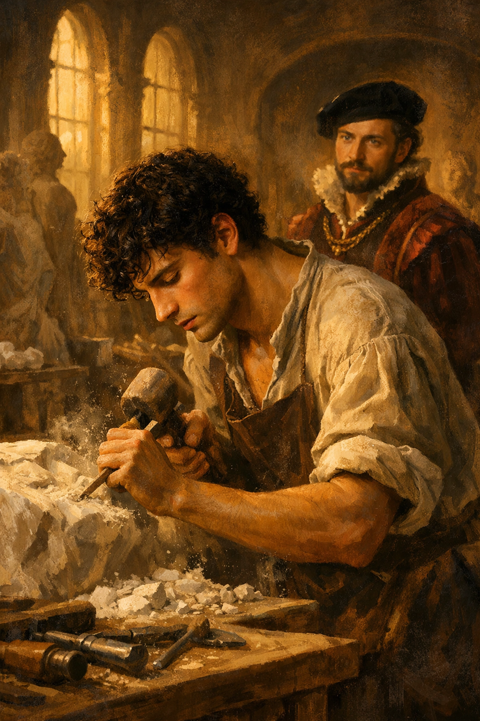 Renaissance apprentice carving marble while nobleman watches in Florence workshop - gay historical romance