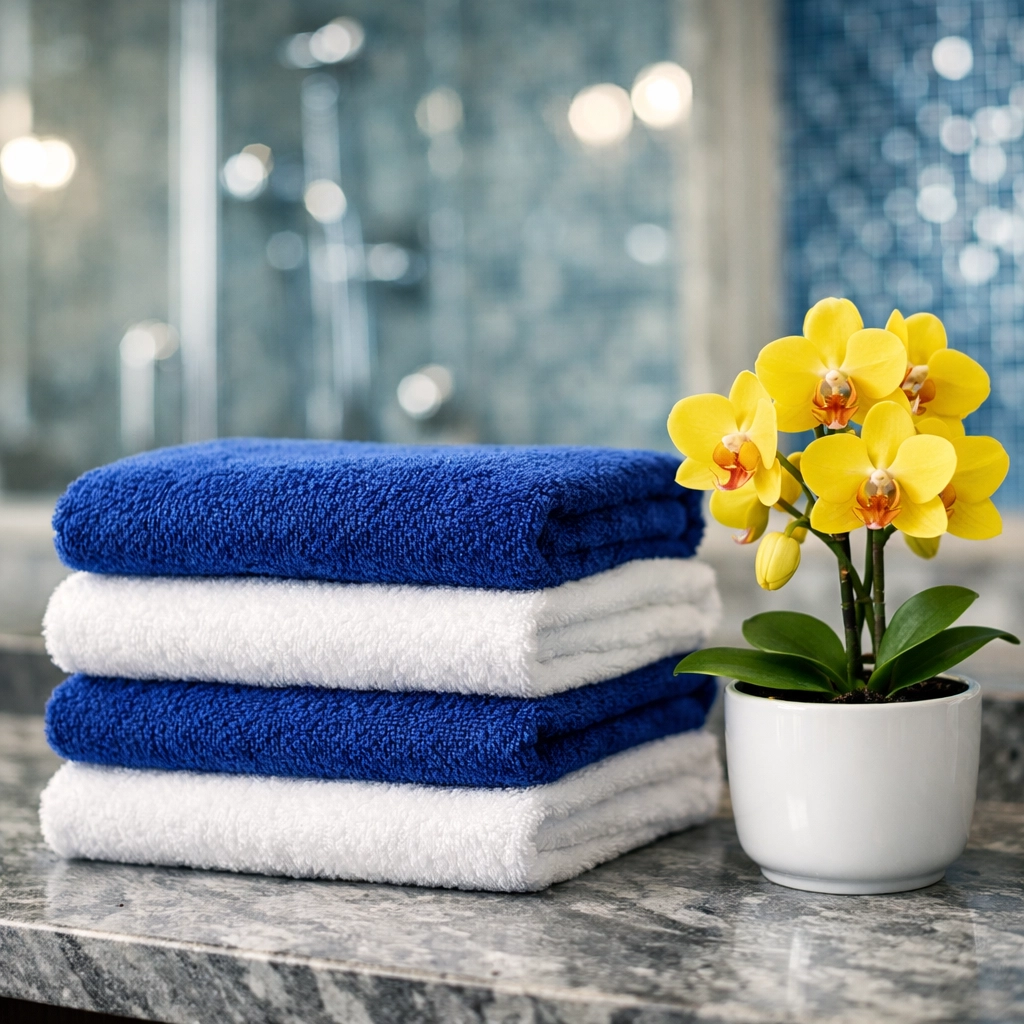 A luxury bathroom vanity with neatly folded towels, representing high-standard maid services Lowell.