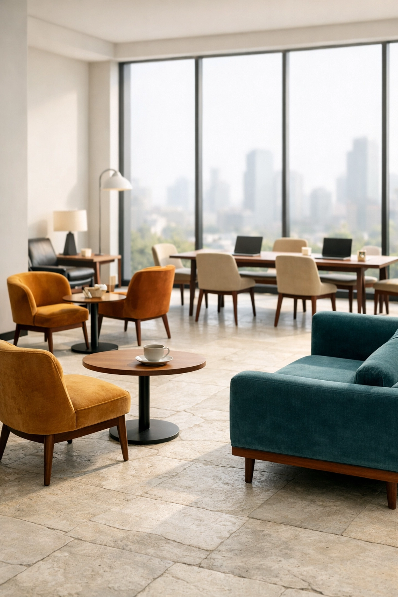 Multi-functional hotel lounge area demonstrating smart space management and efficient layout.