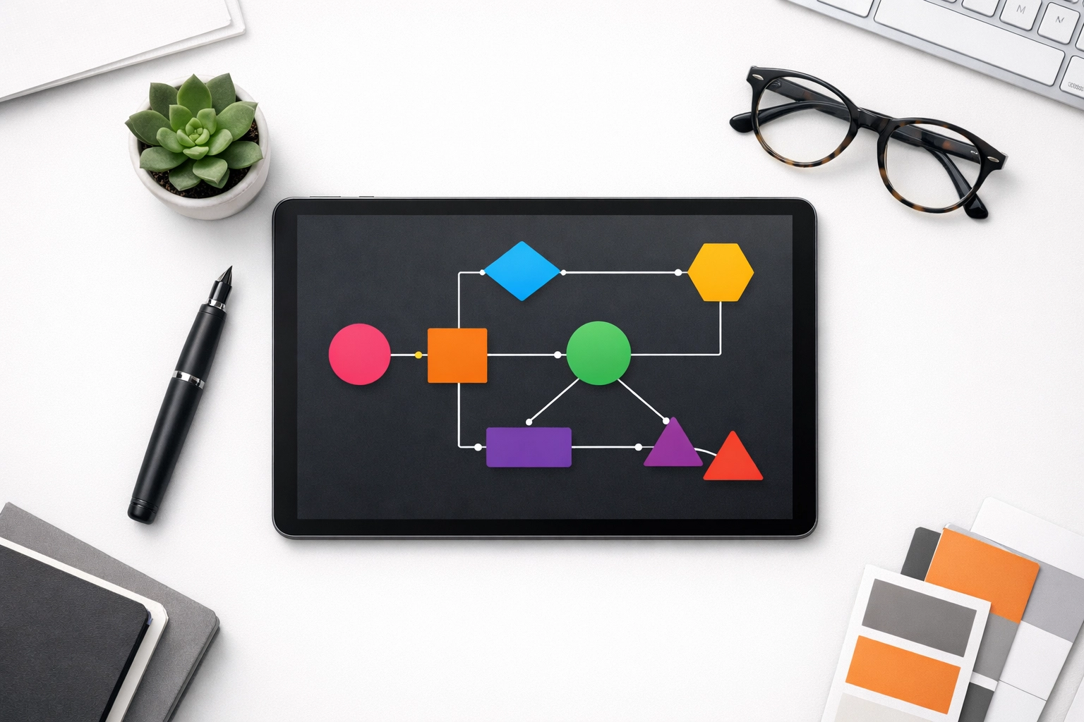 A tablet showing a visual node-based workflow for CRM integration and sales lead management.