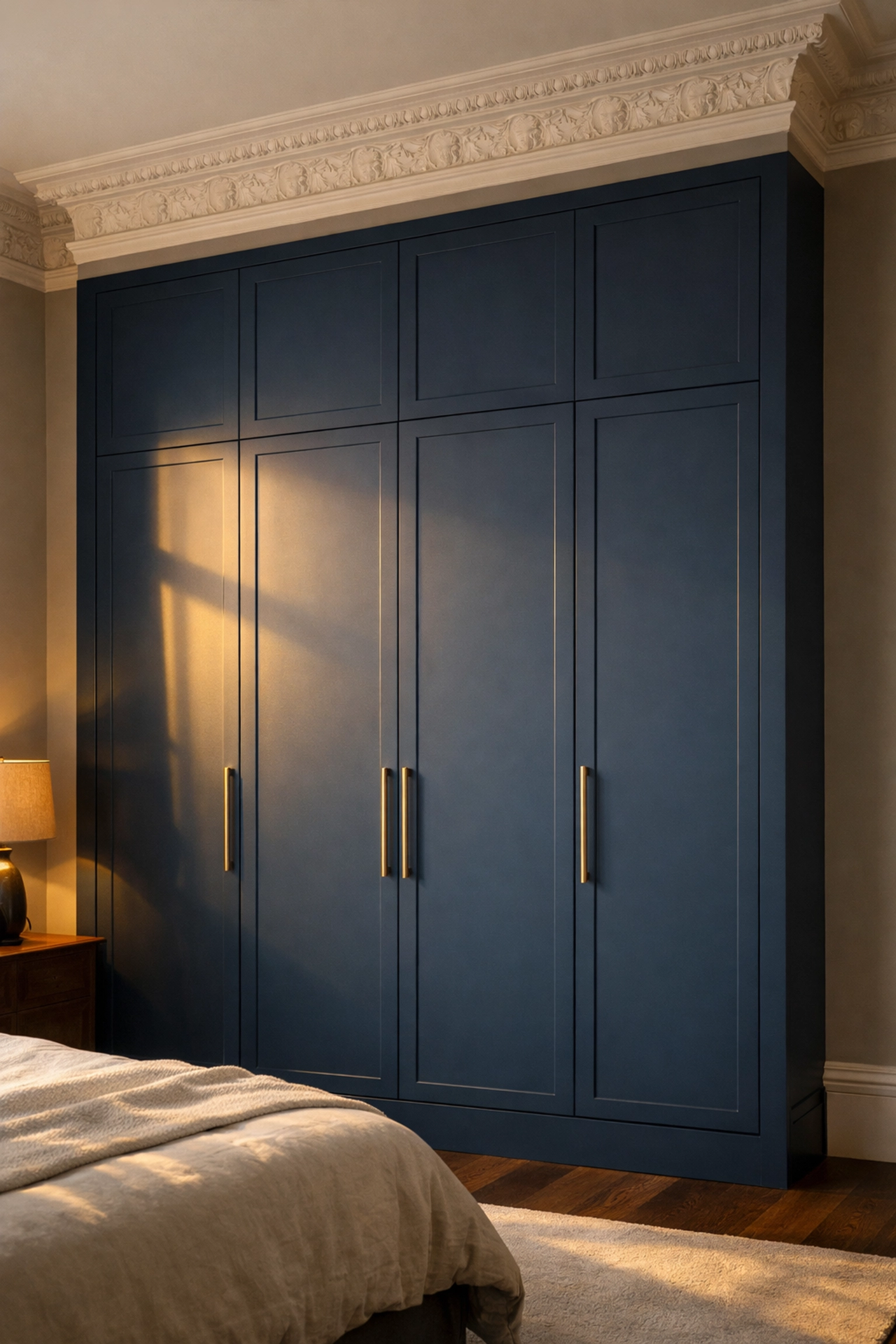 Bespoke navy blue floor-to-ceiling built-in wardrobe fitted perfectly into a bedroom alcove.