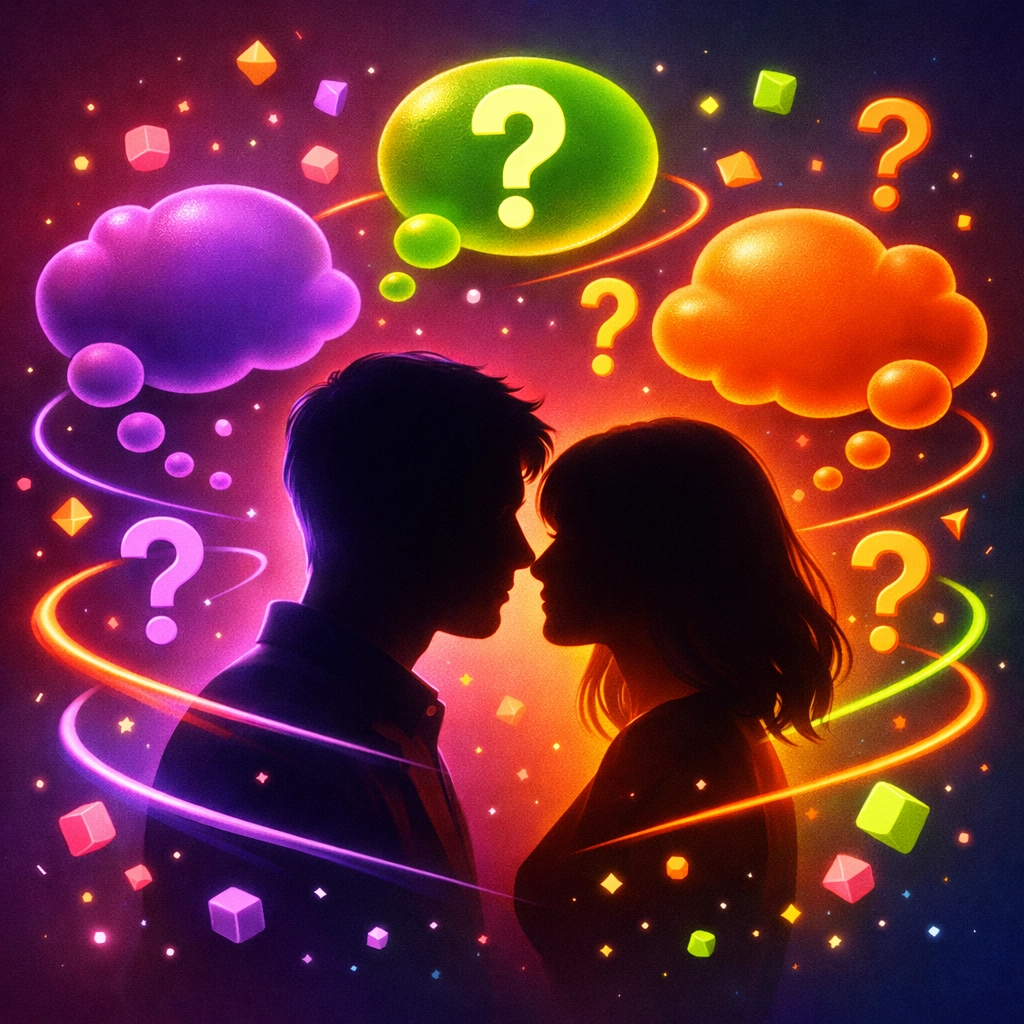 Two people facing each other surrounded by thought bubbles illustrating conscious dating confusion