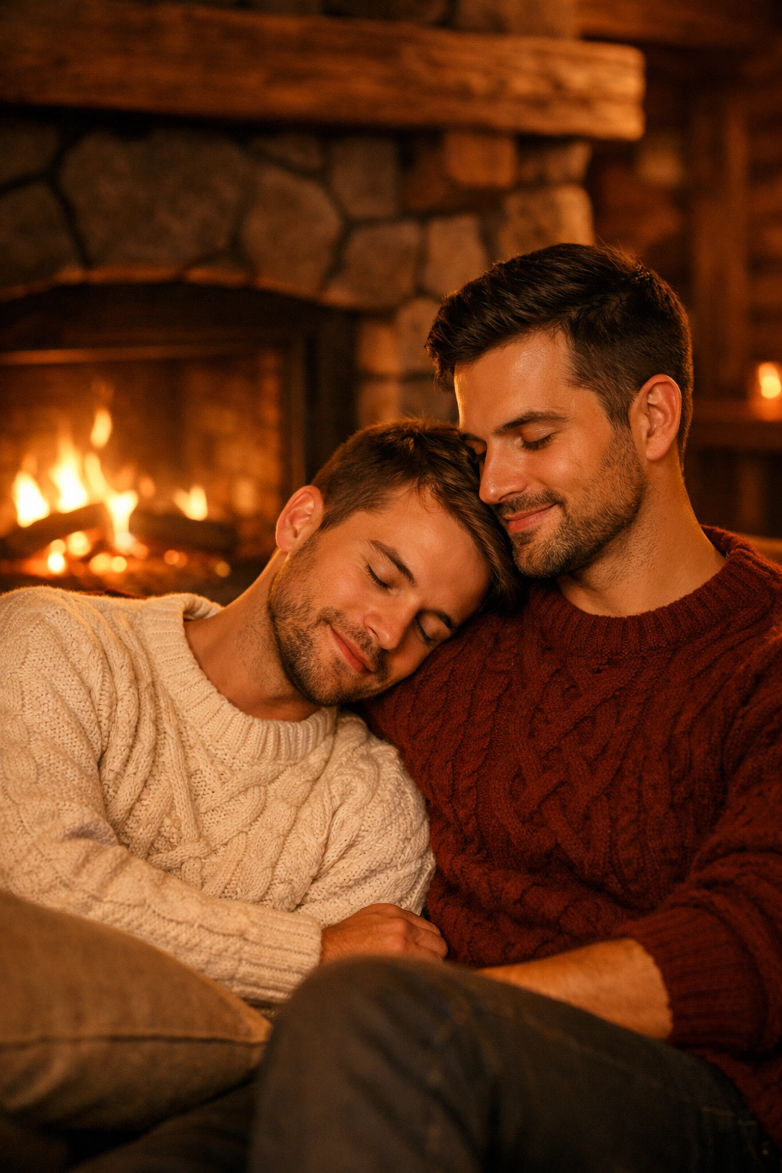 Gay couple cuddling by fireplace in cozy cabin during romantic Valentine's Day getaway