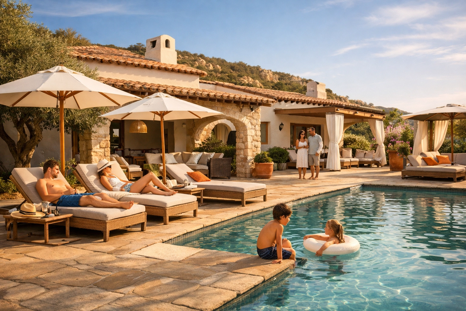 Private villa pool in Sardinia with sun loungers - ideal for family siesta time and relaxation