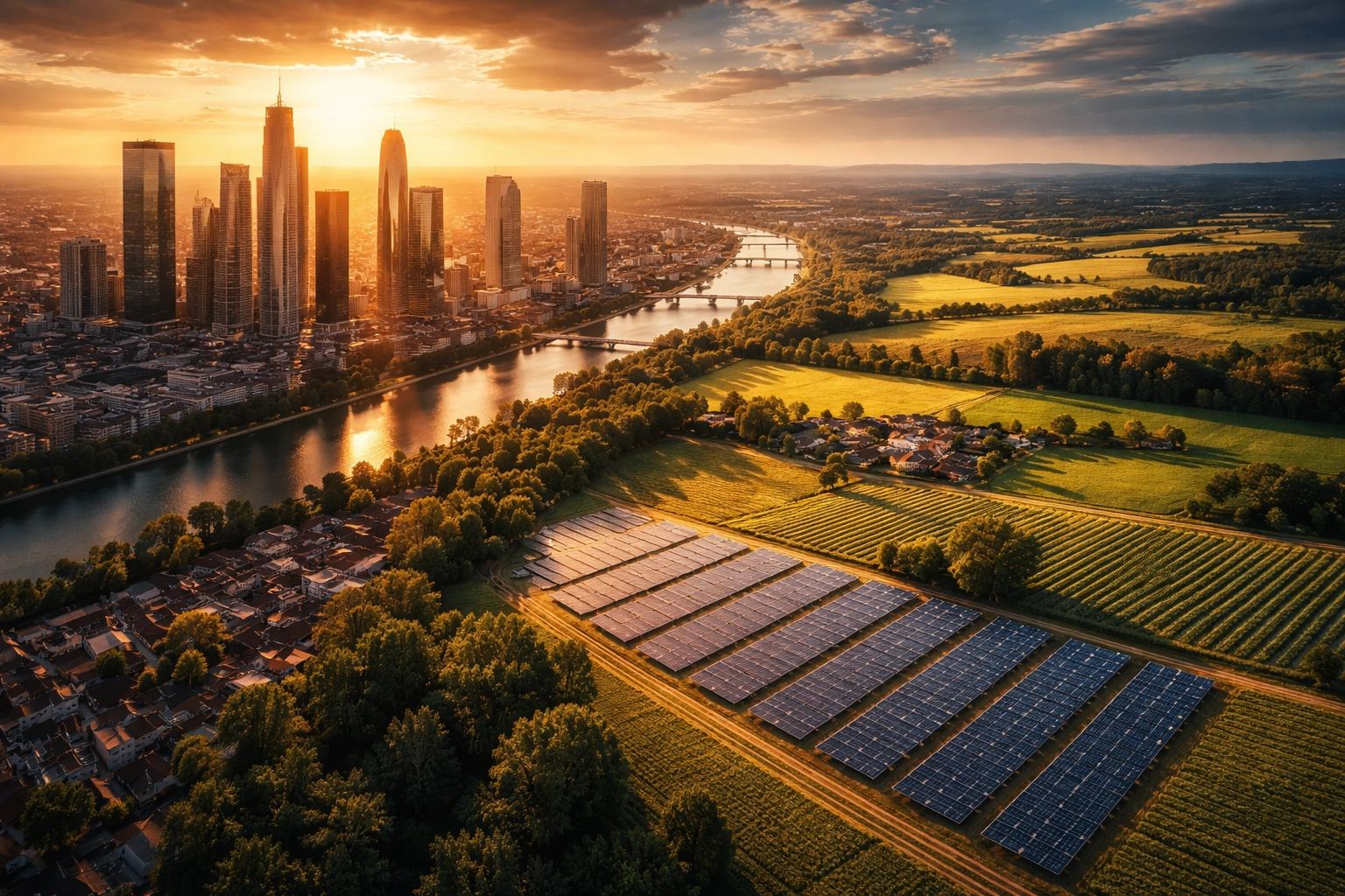 City skyline transitioning into farmland and solar panels illustrating portfolio diversification in alternative investments.