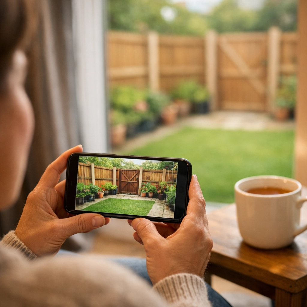 Homeowner in Yeovil monitoring a live smartphone feed of their garden for peace of mind and home security.
