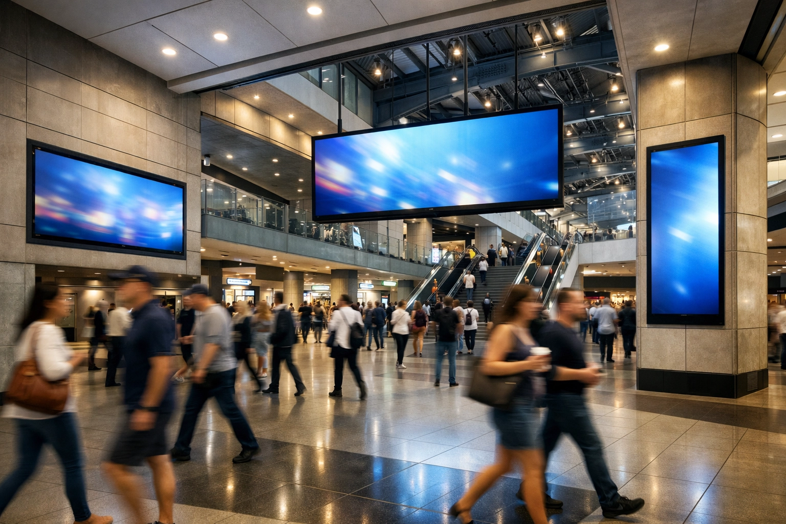 Modern venue infrastructure with digital media assets in a high-traffic concourse for Dakdan Worldwide engagement.