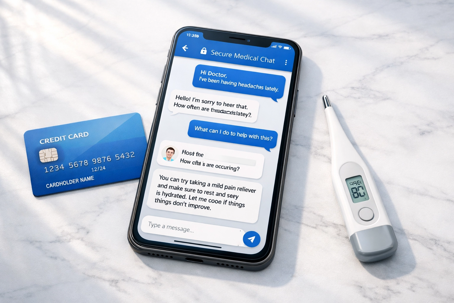 Secure telehealth messaging on a mobile phone showing easy access to chat with a doctor for a flat fee.
