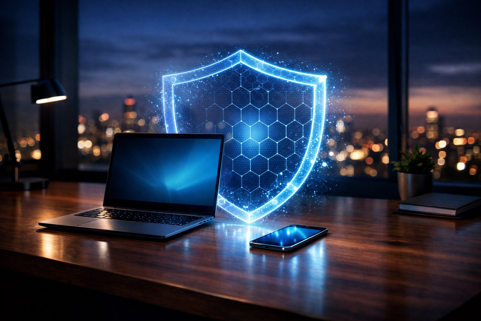 Secure home office setup showing a digital shield protecting mobile devices for MDM cyber insurance compliance.