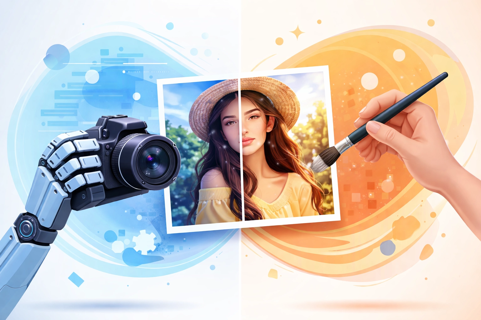 Split-screen illustration comparing AI and professional photo retouching for brand image quality and authenticity.